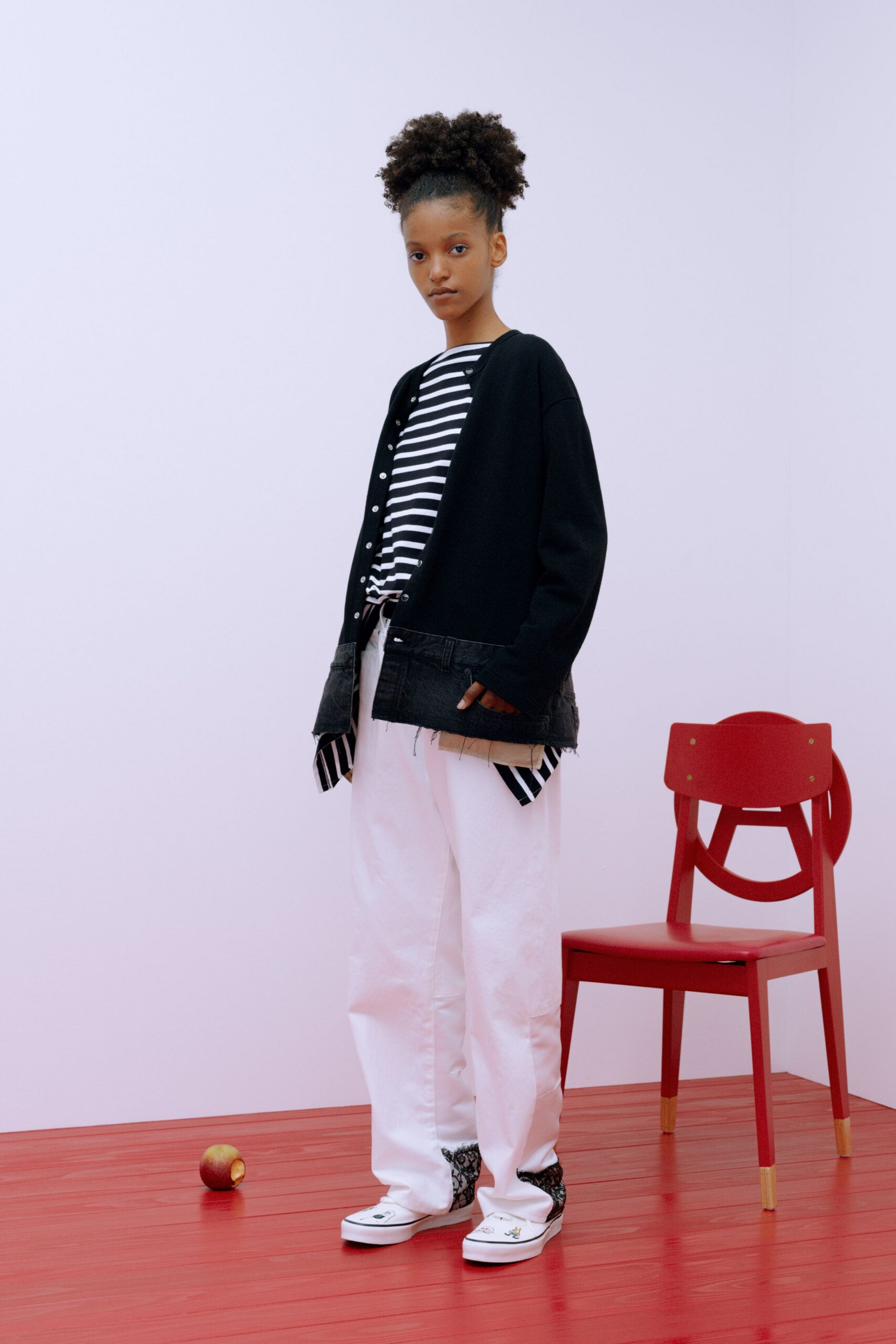 black cardigan white striped top