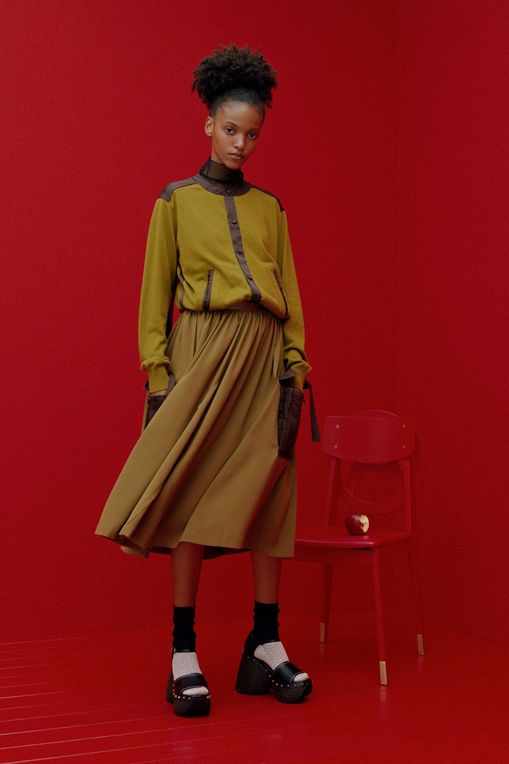 green and brown relaxed top with midi skirt