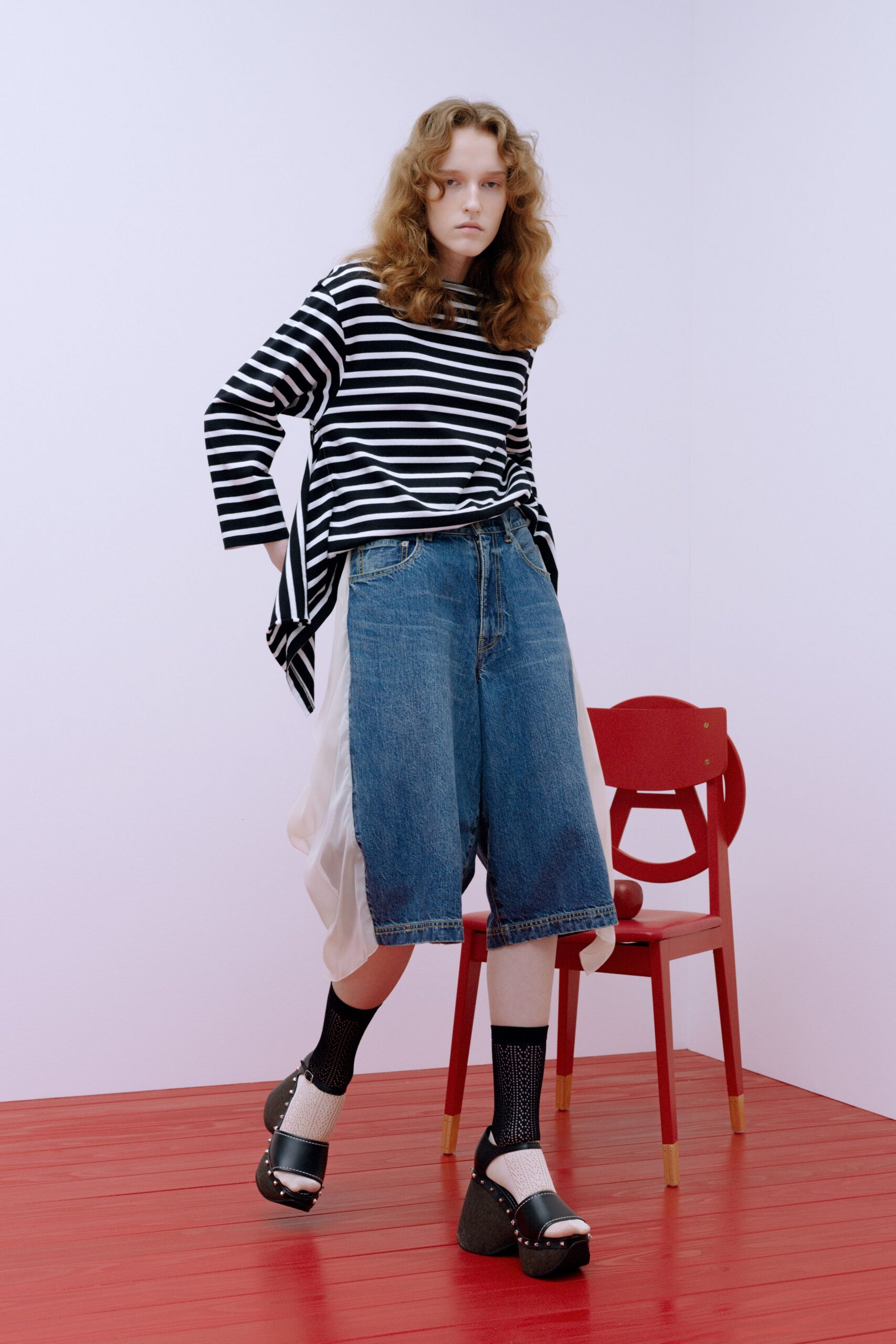 striped relaxed top with denim shorts