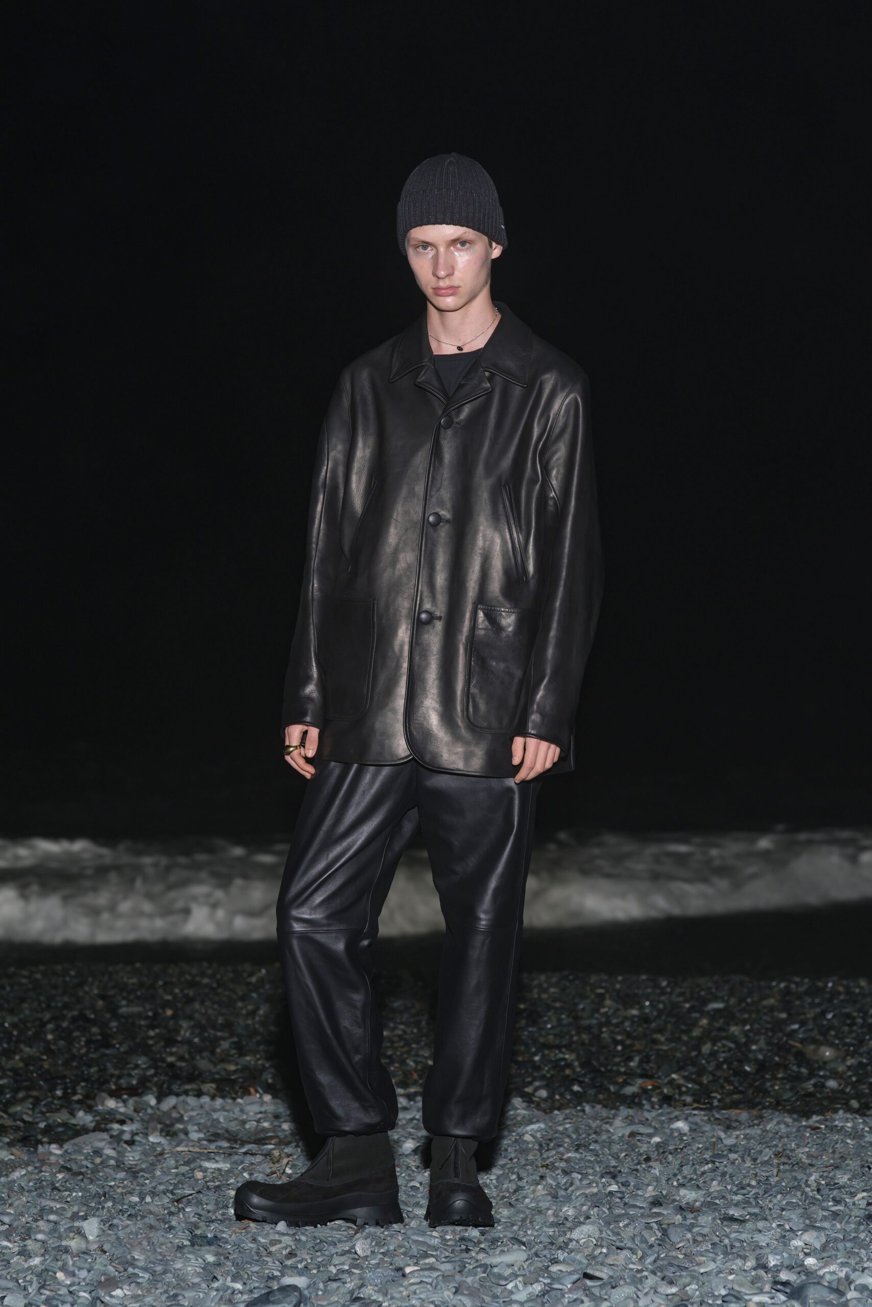 black leather long-sleeve collared relaxed jacket