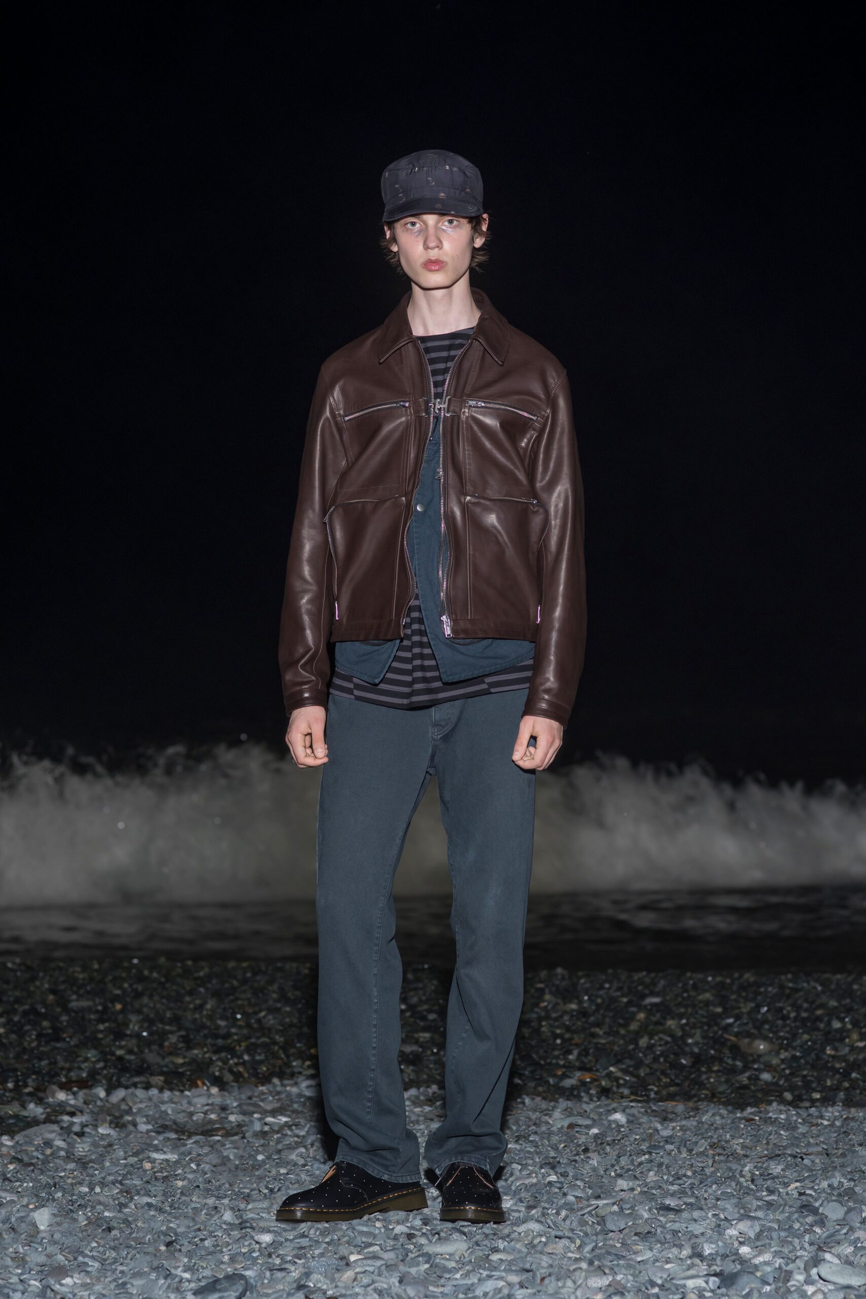 brown leather long-sleeve collared fitted jacket