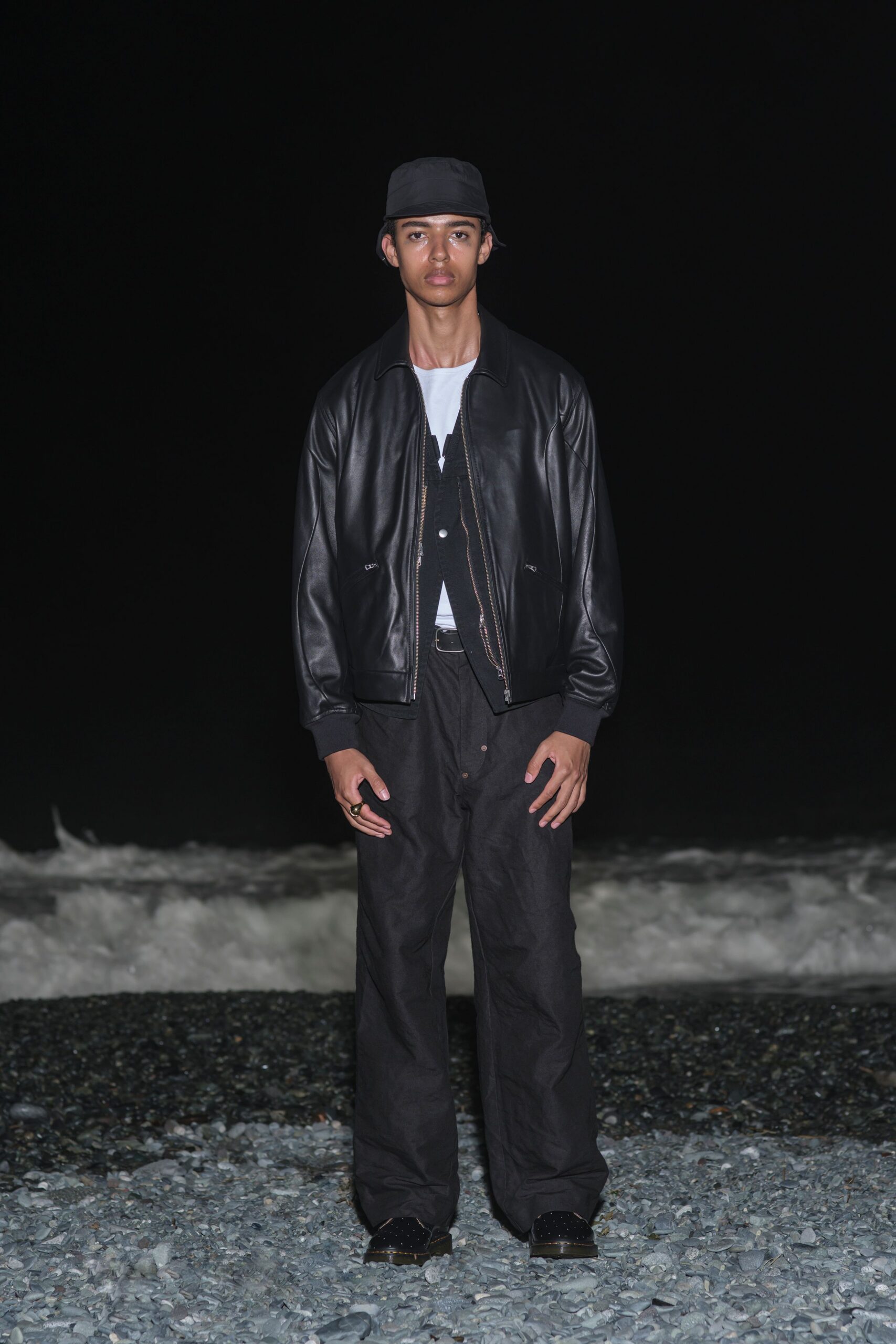 black leather long-sleeve collared relaxed jacket