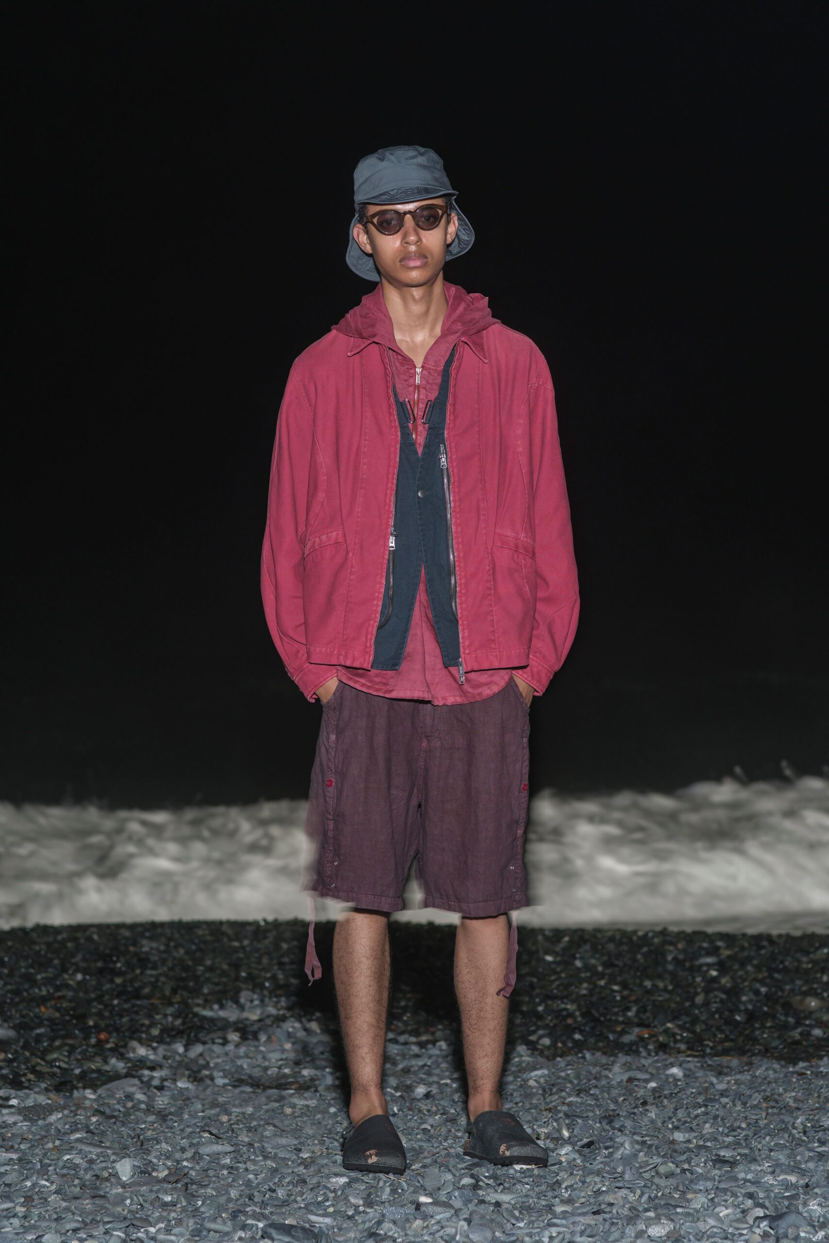 red cotton long-sleeve hooded relaxed jacket