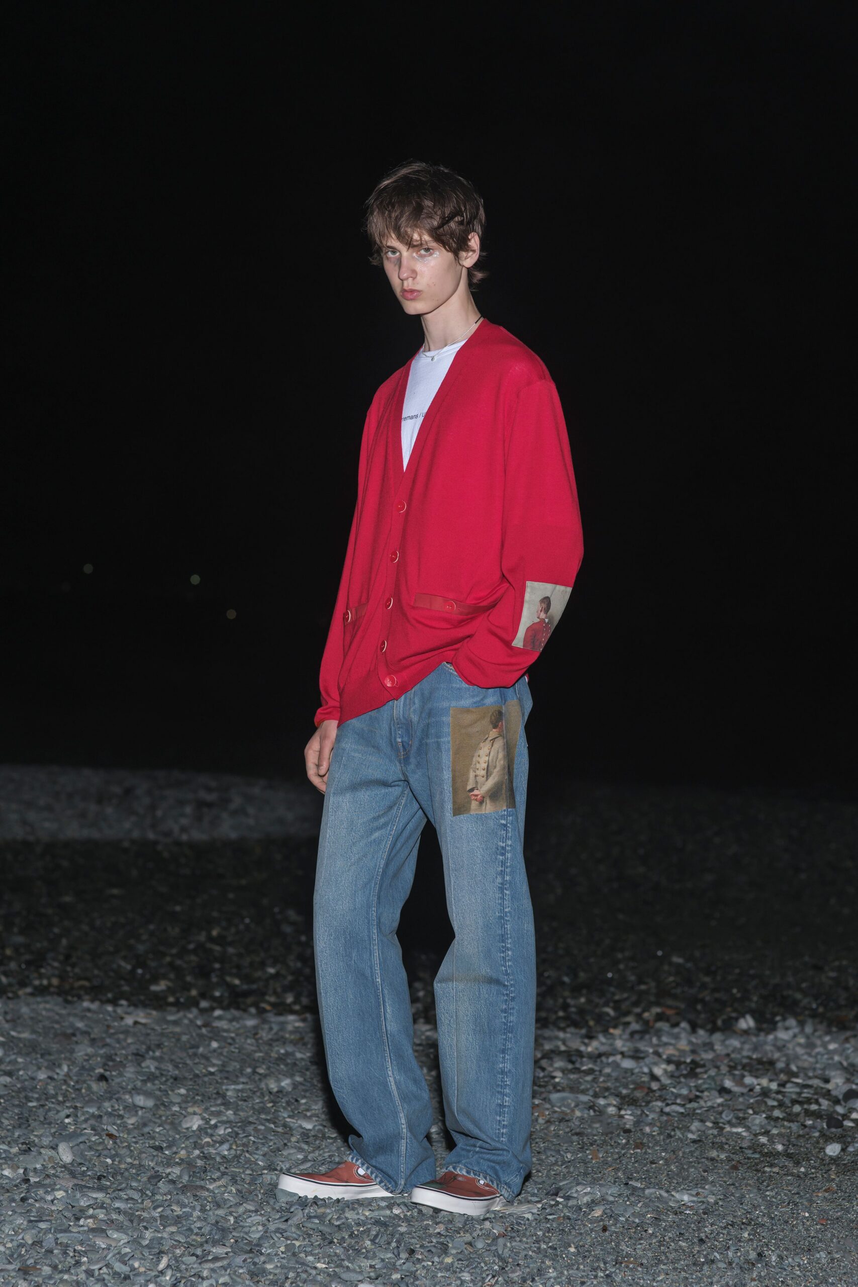 red cotton long-sleeve collared relaxed cardigan