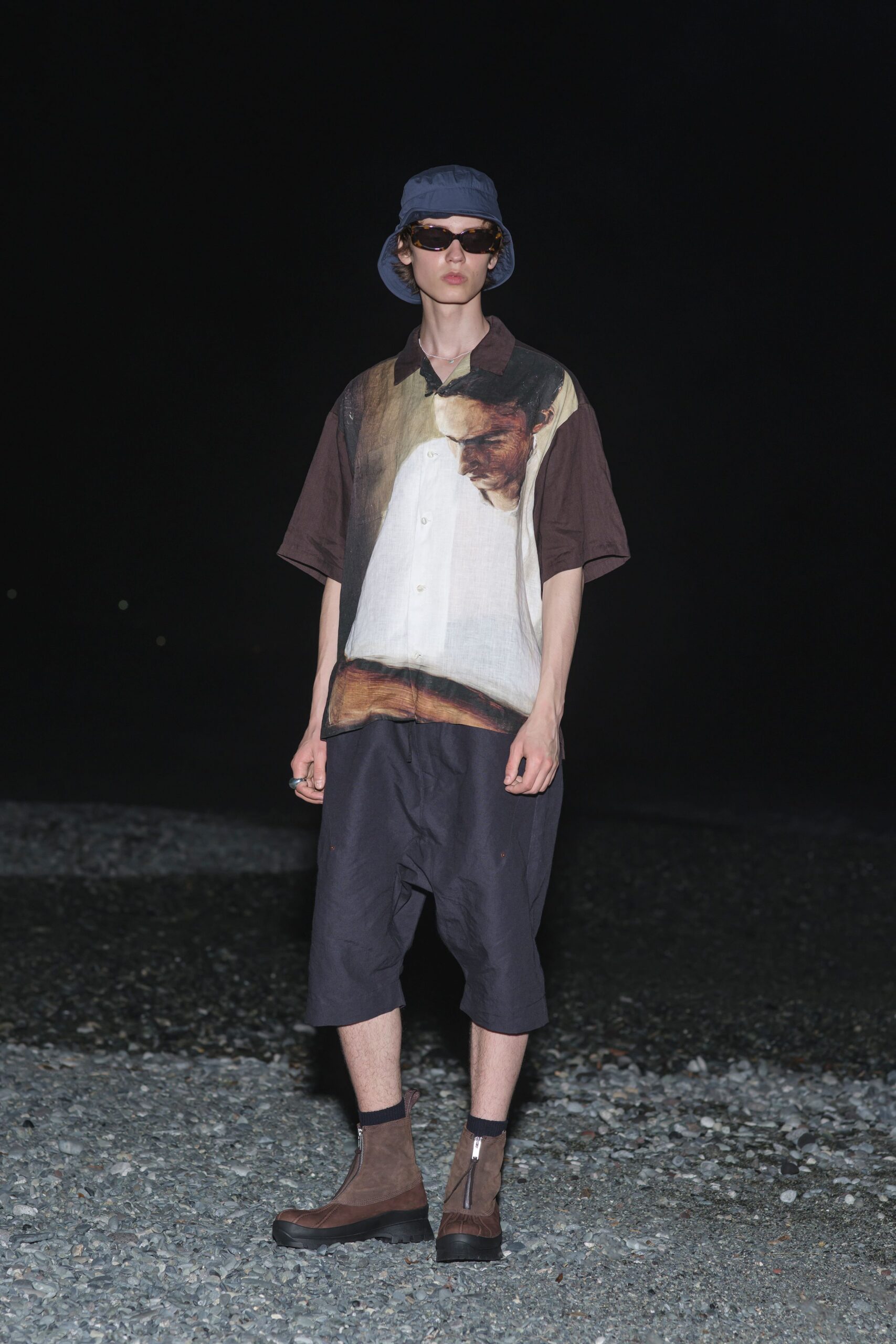 brown cotton short-sleeve collared relaxed printed shirt