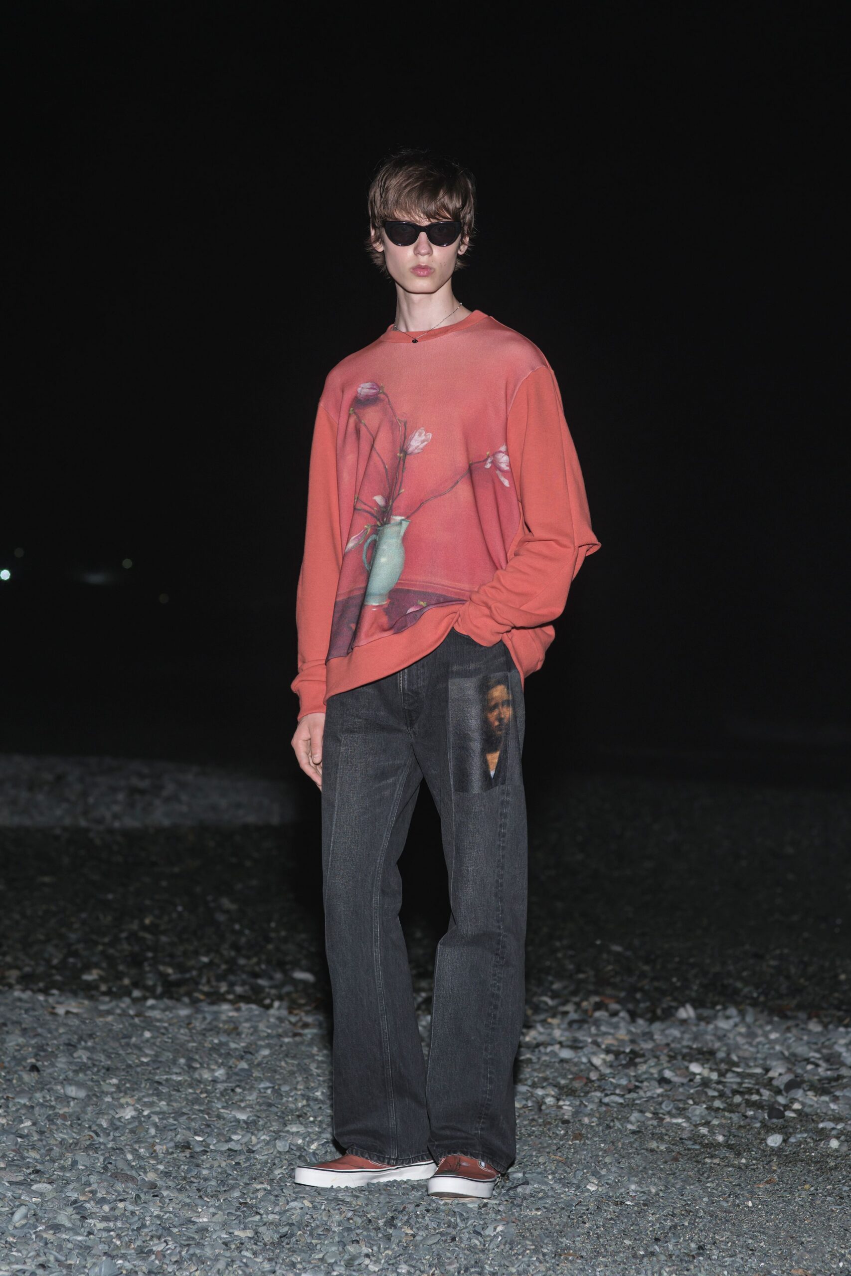 red cotton long-sleeve collared relaxed printed sweater