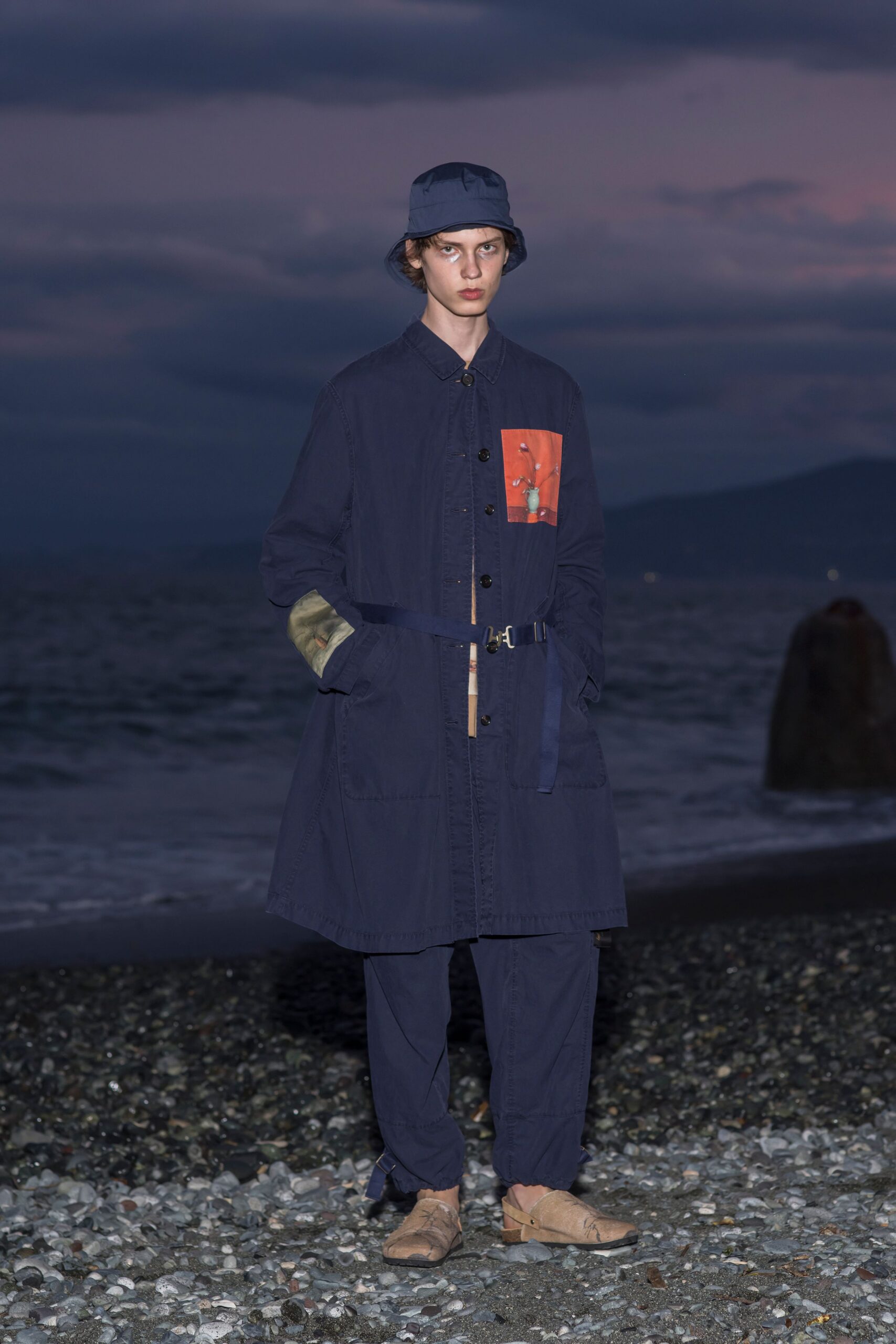 blue cotton long-sleeve collared relaxed belted pockets coat