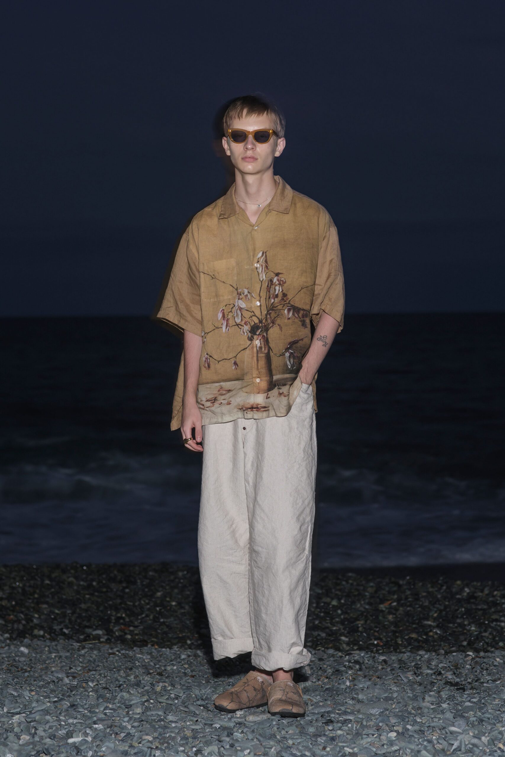 brown cotton short-sleeve collared relaxed printed shirt