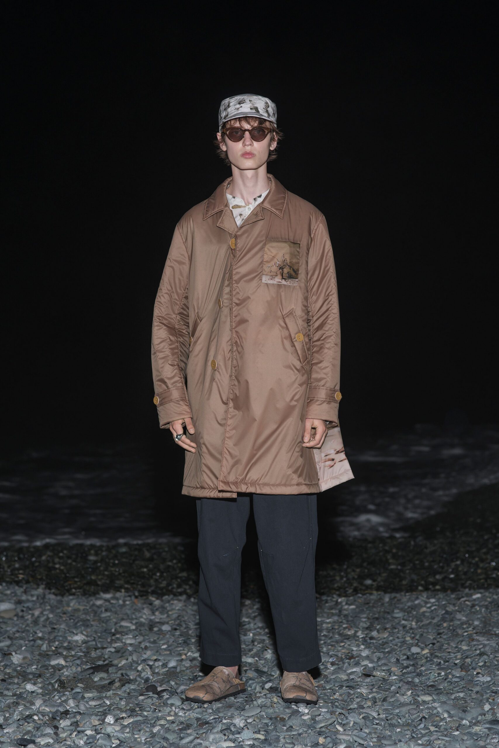 brown silk long-sleeve collared relaxed buttoned pockets coat