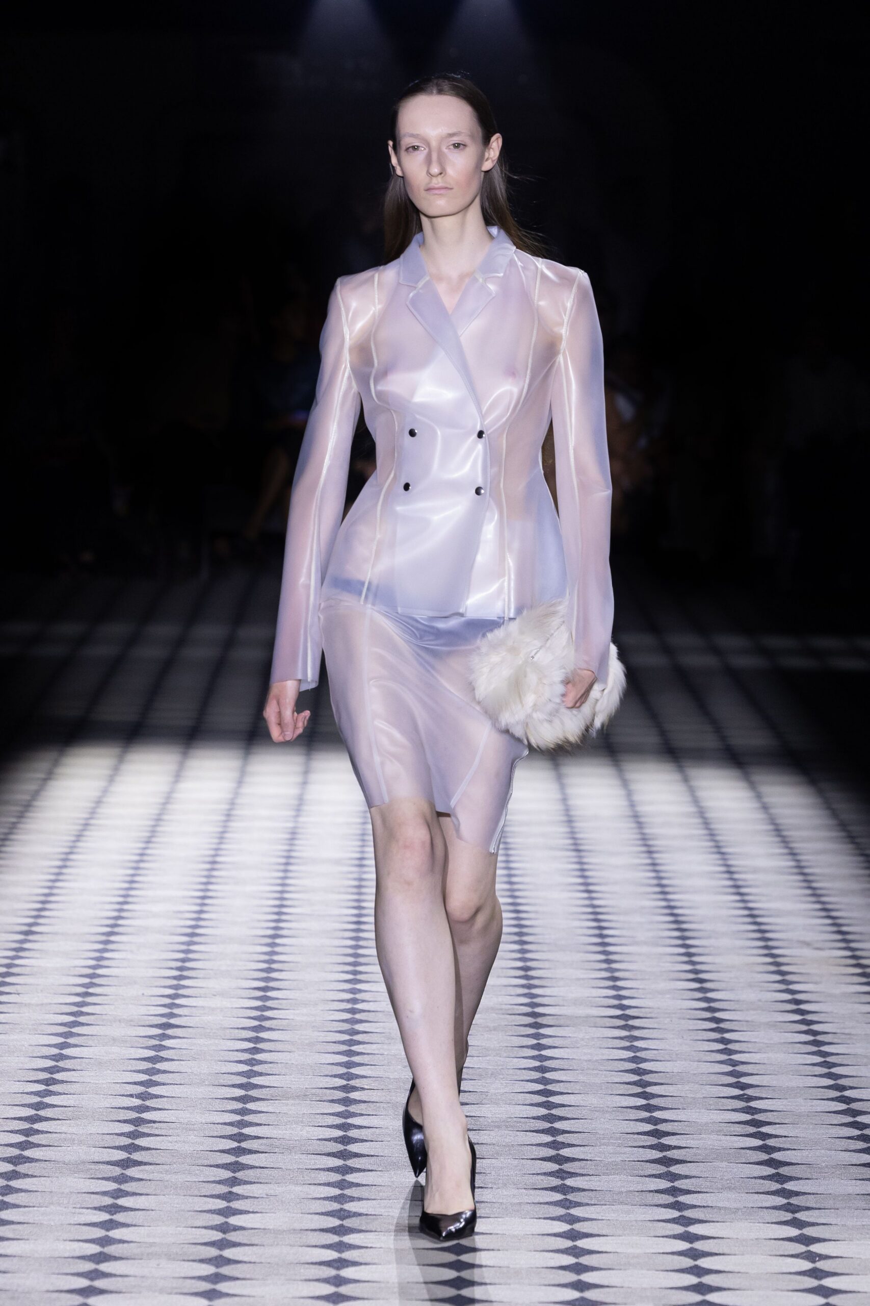 clear vinyl long-sleeve collared fitted sheer shiny blazer