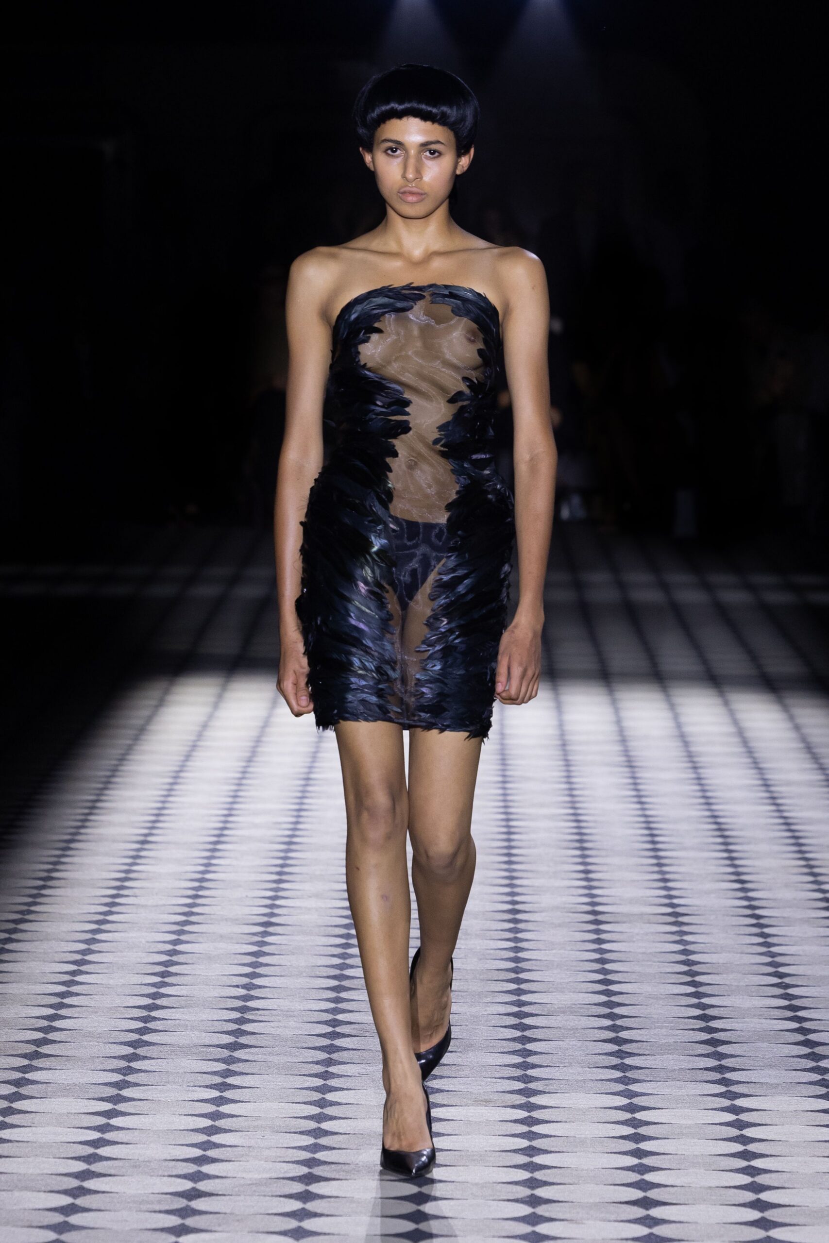 black silk strapless fitted ruffled sheer mini dress