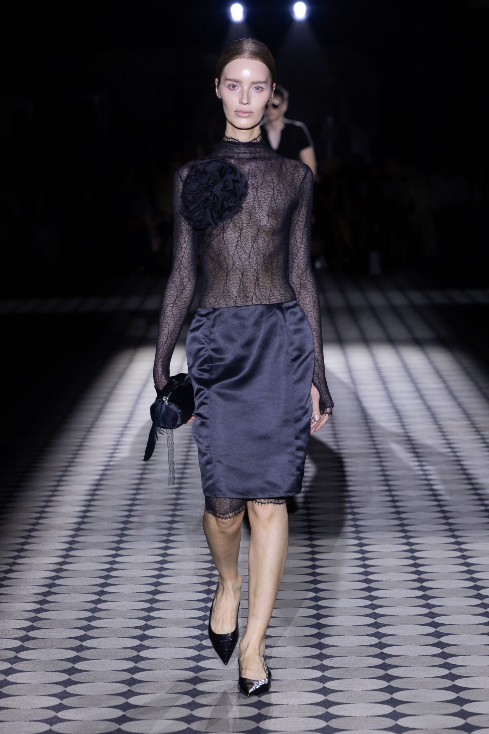black lace long-sleeve high-neck fitted embroidered sheer top