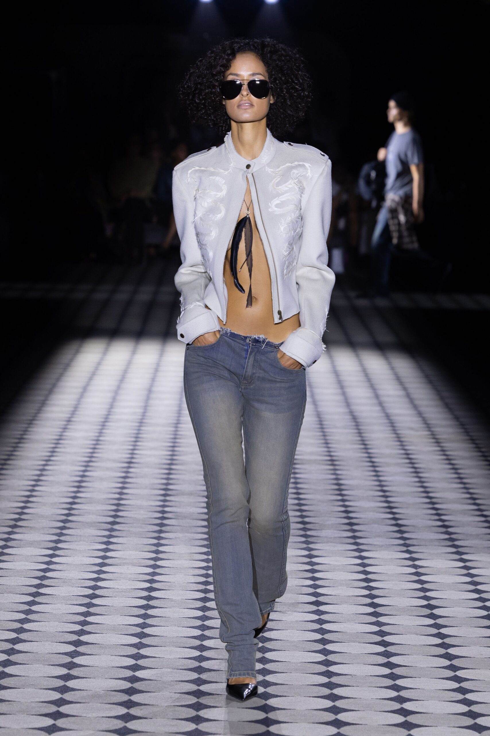 blue denim slim straight-leg pants