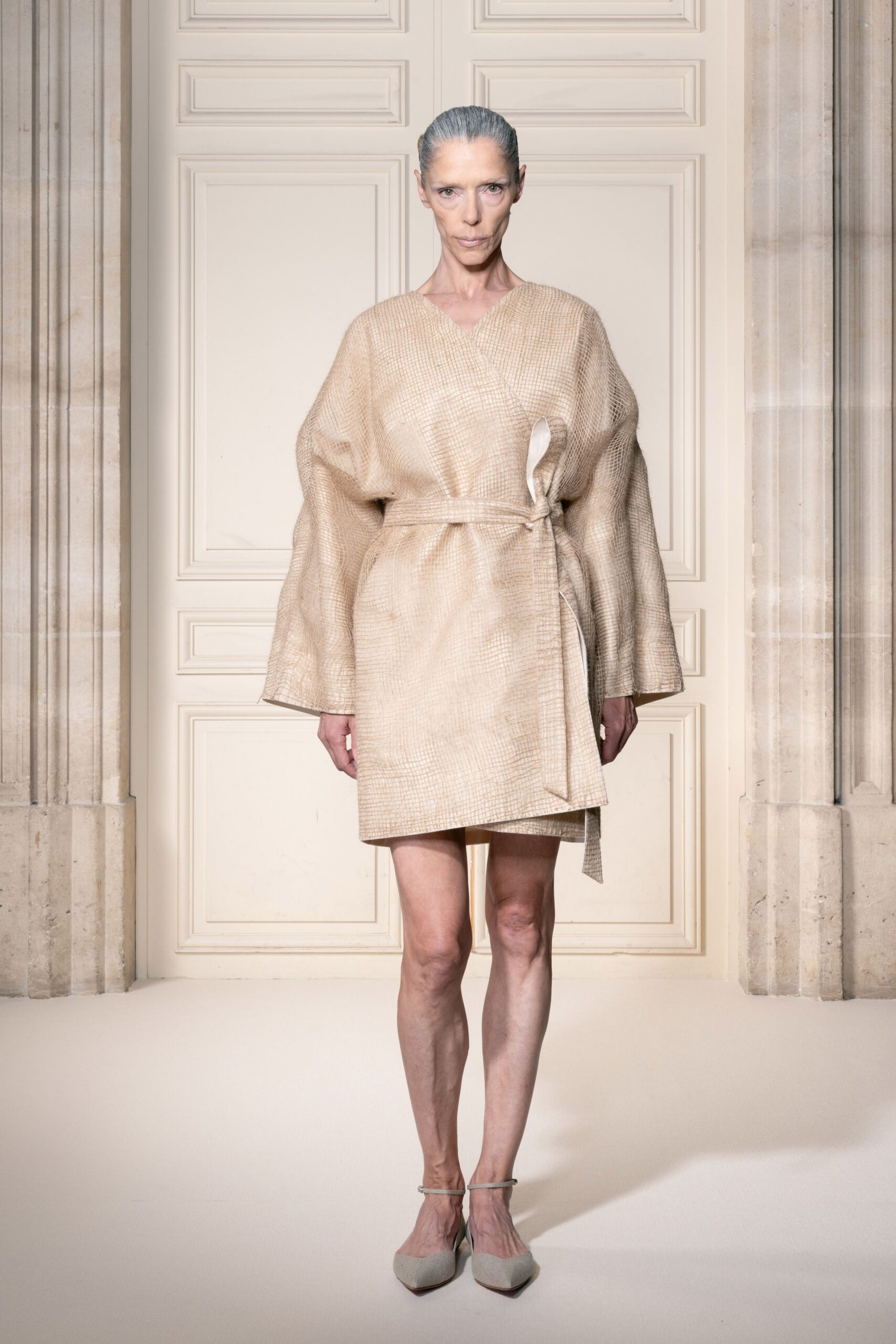 beige relaxed wrap dress with shoes