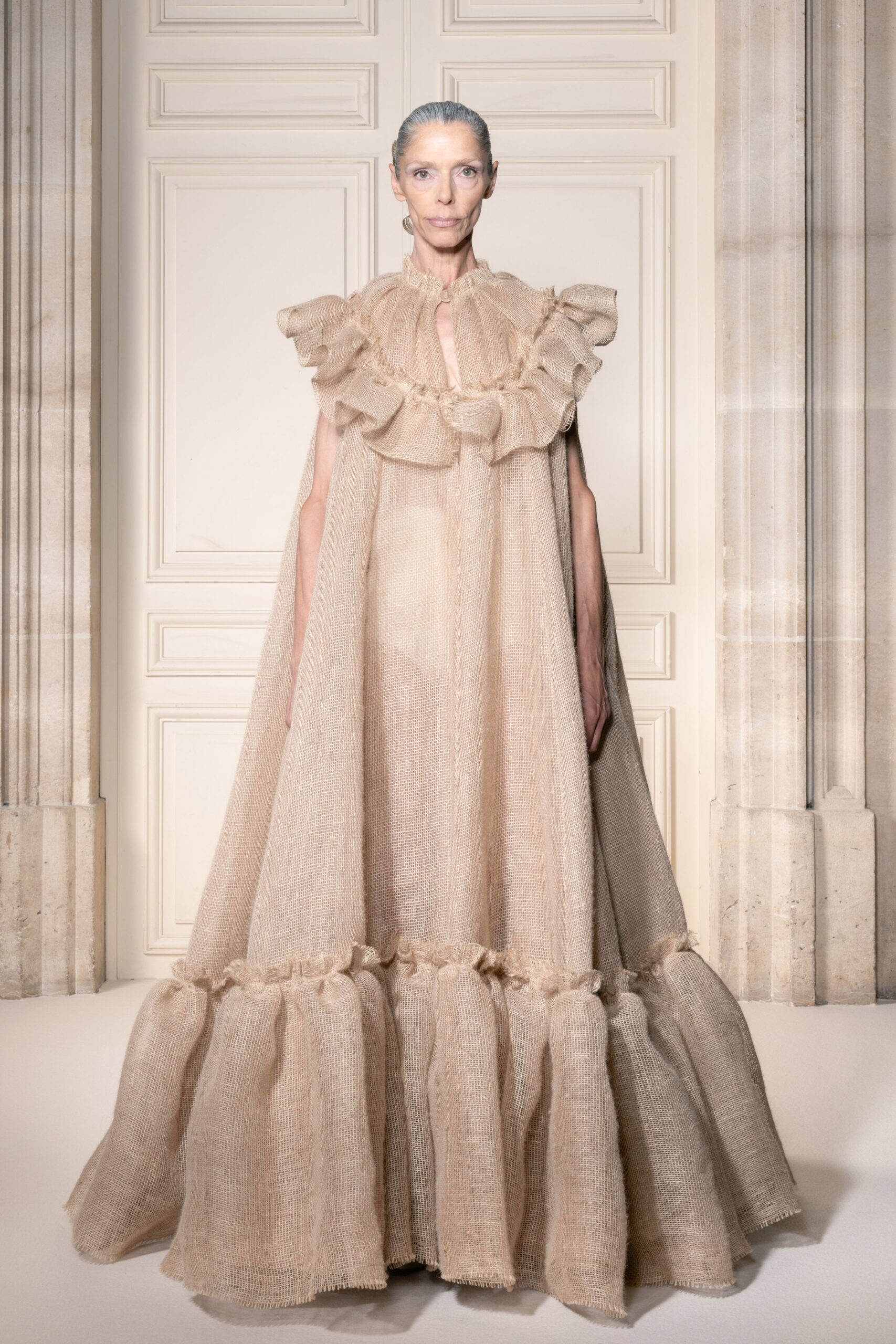 beige linen sleeveless gown