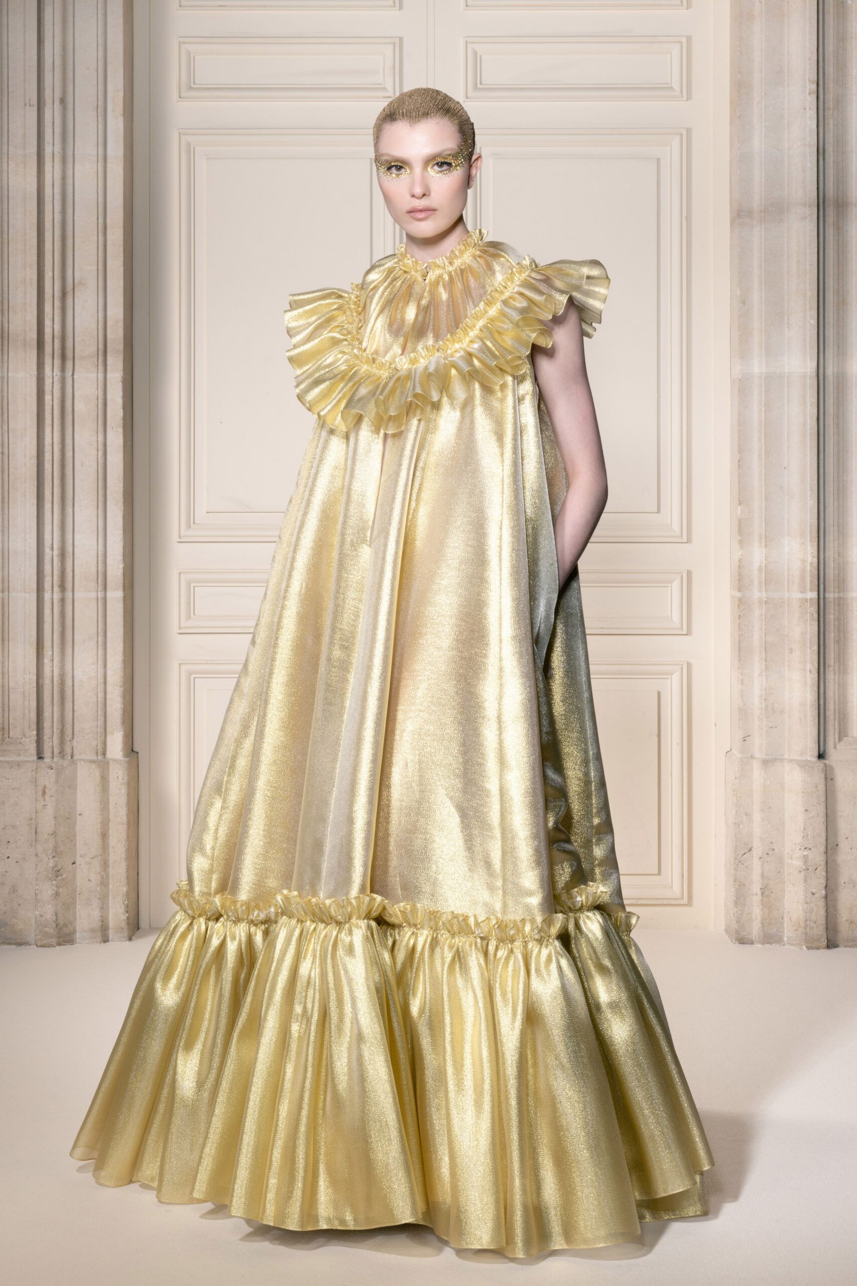 yellow silk ruffled gown
