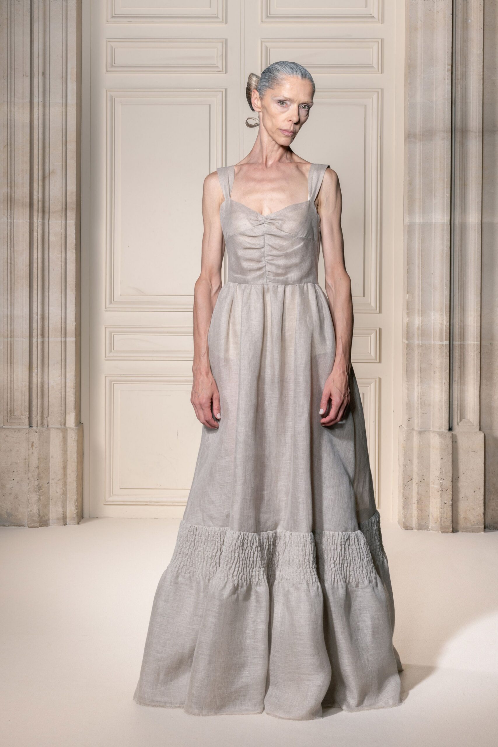 gray linen sleeveless gown