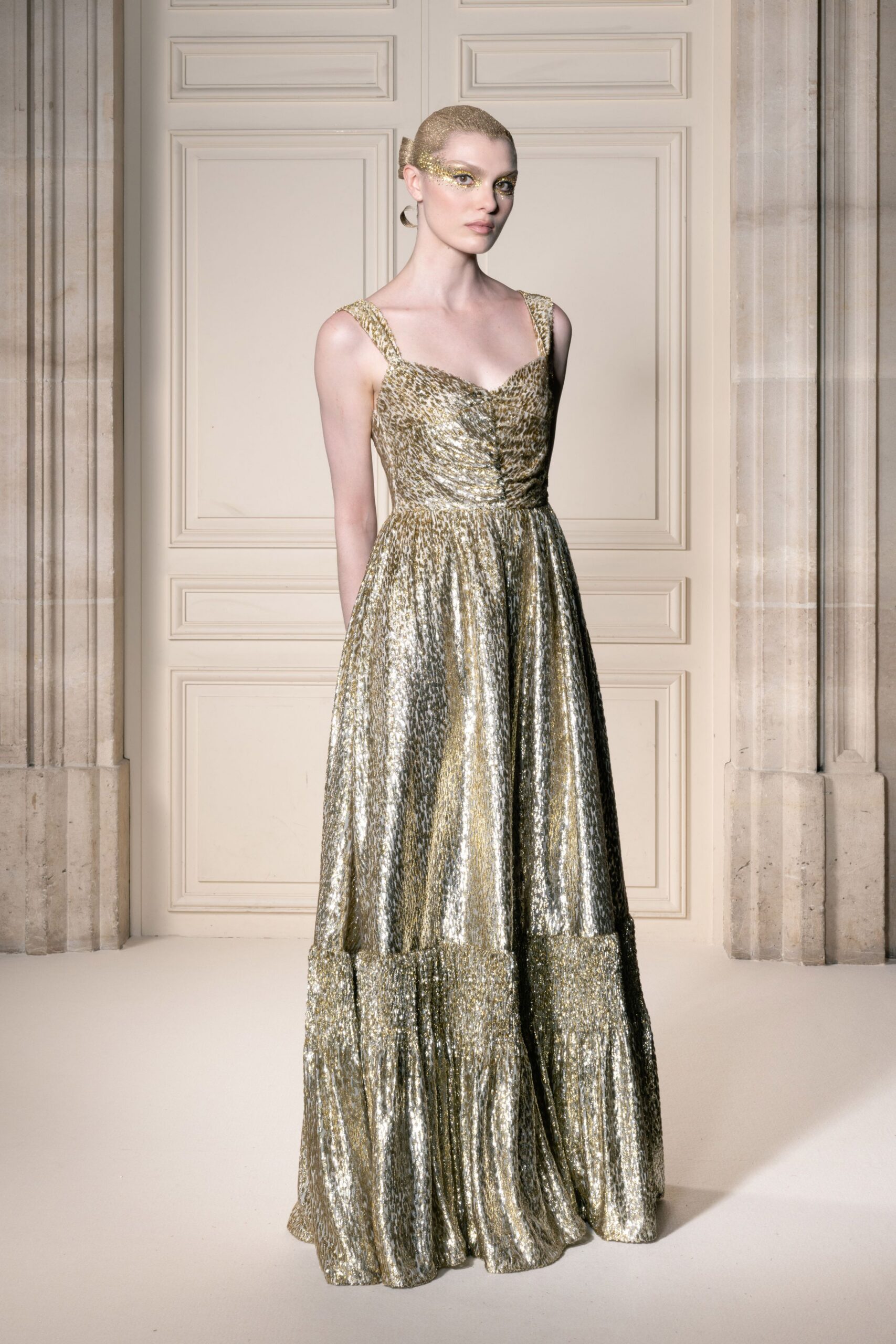 gold sequined sleeveless gown