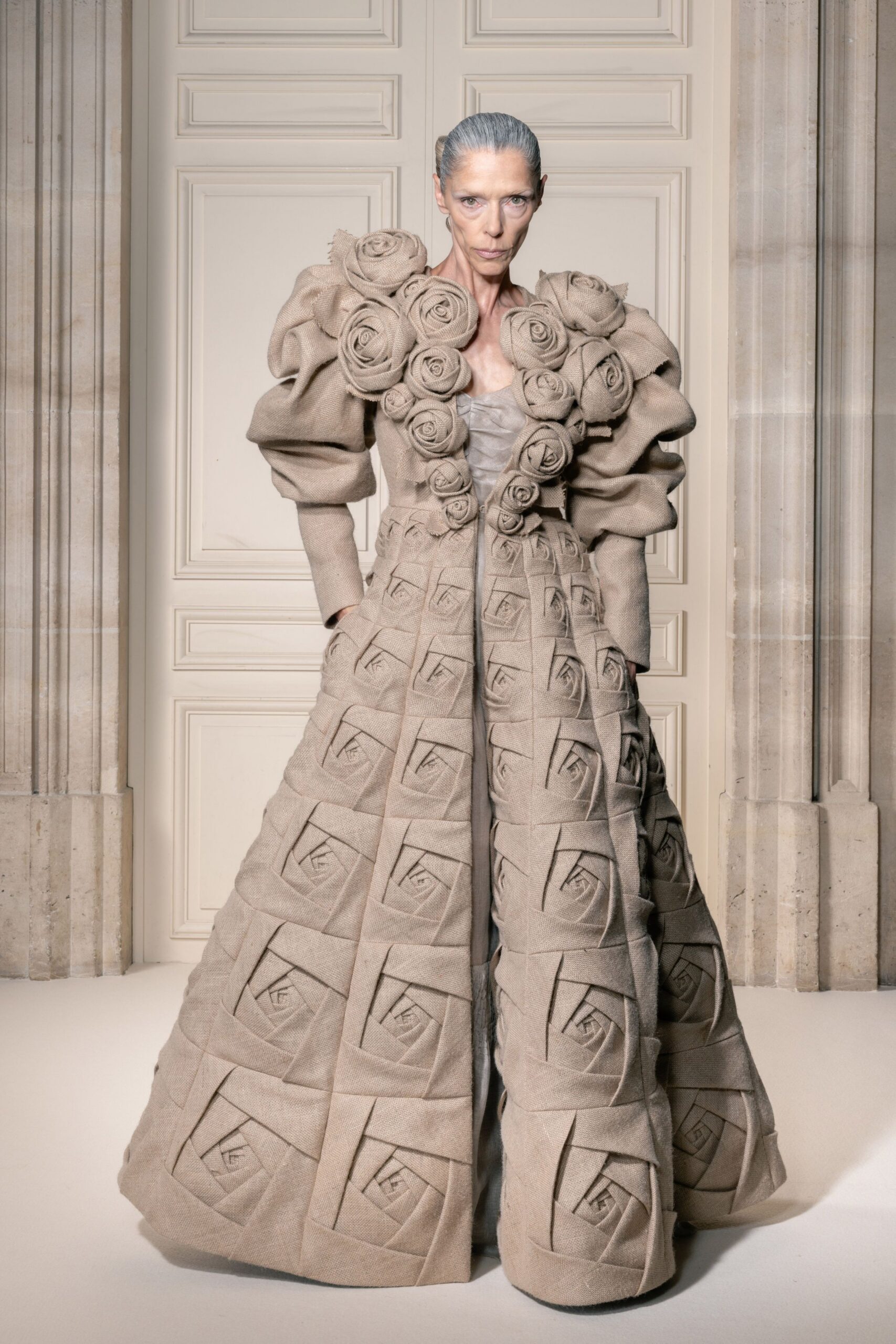 beige wool long-sleeve gown