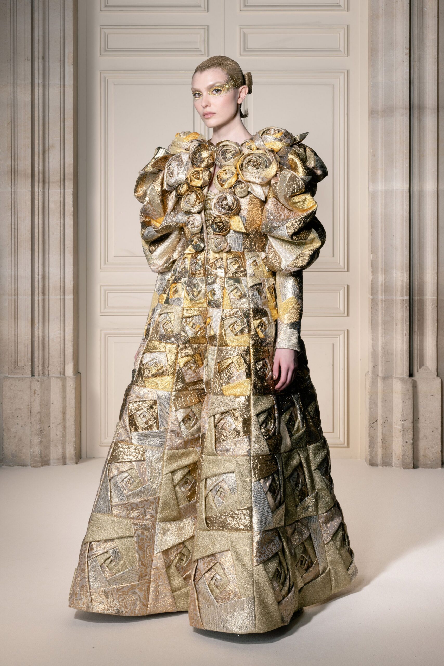 gold silk embellished gown