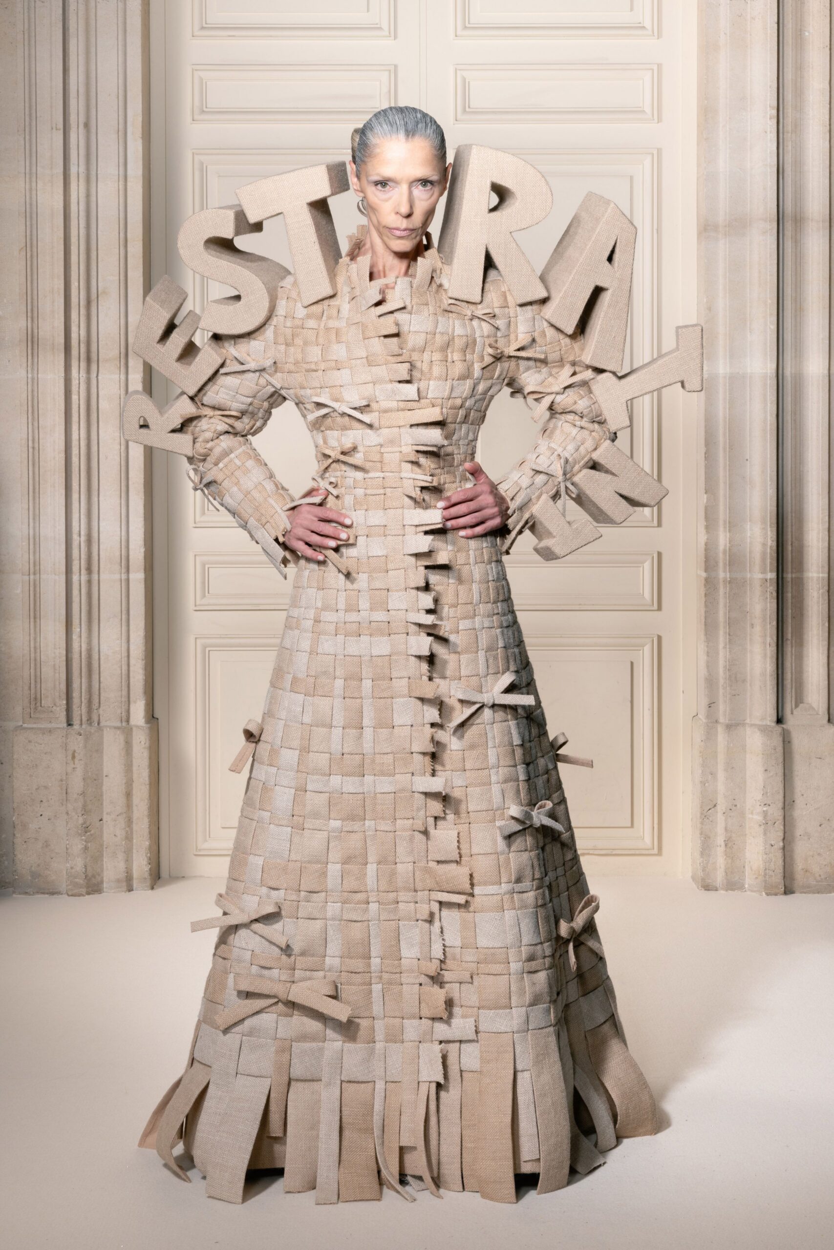 beige pleated embroidered gown
