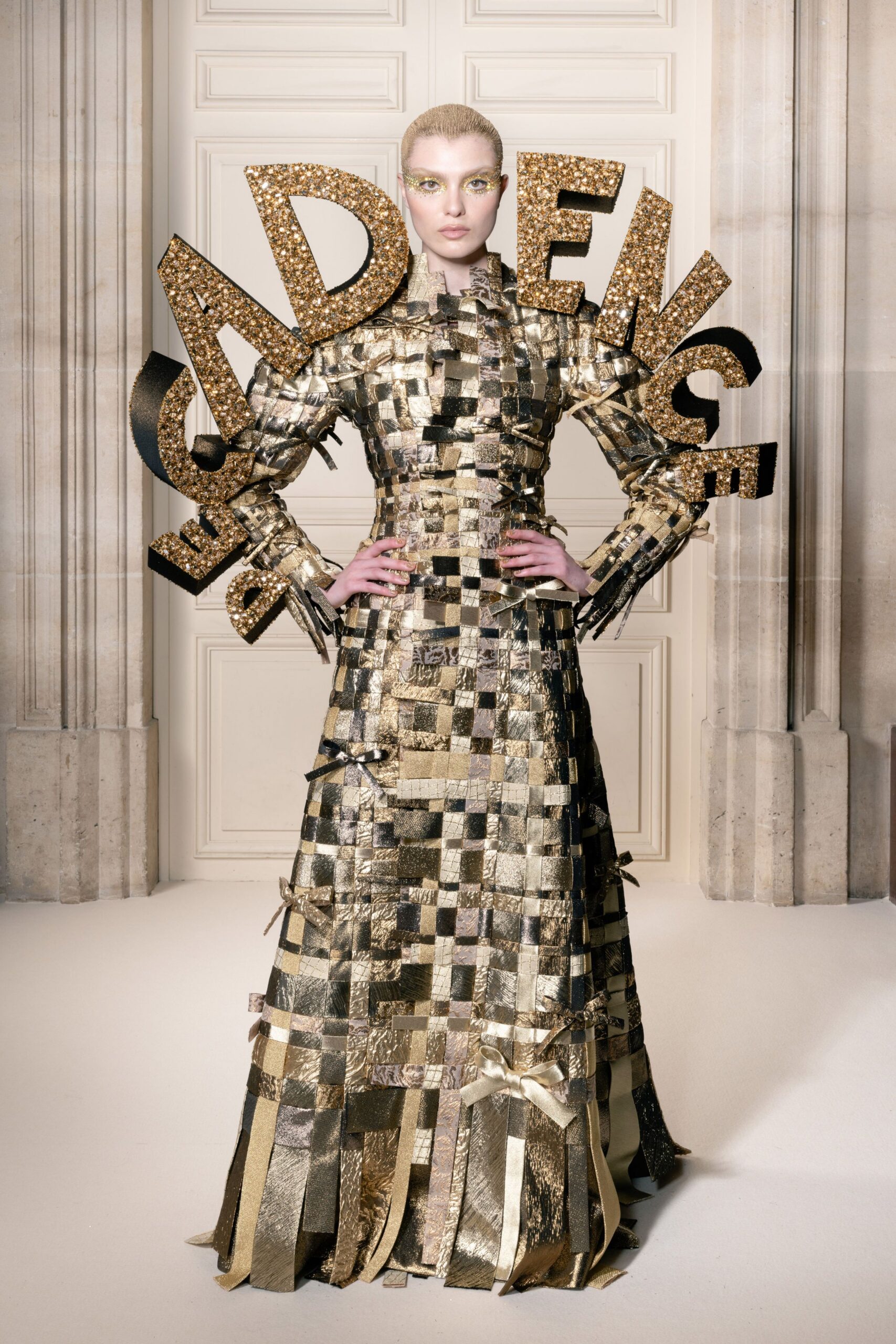 gold metallic long-sleeve gown