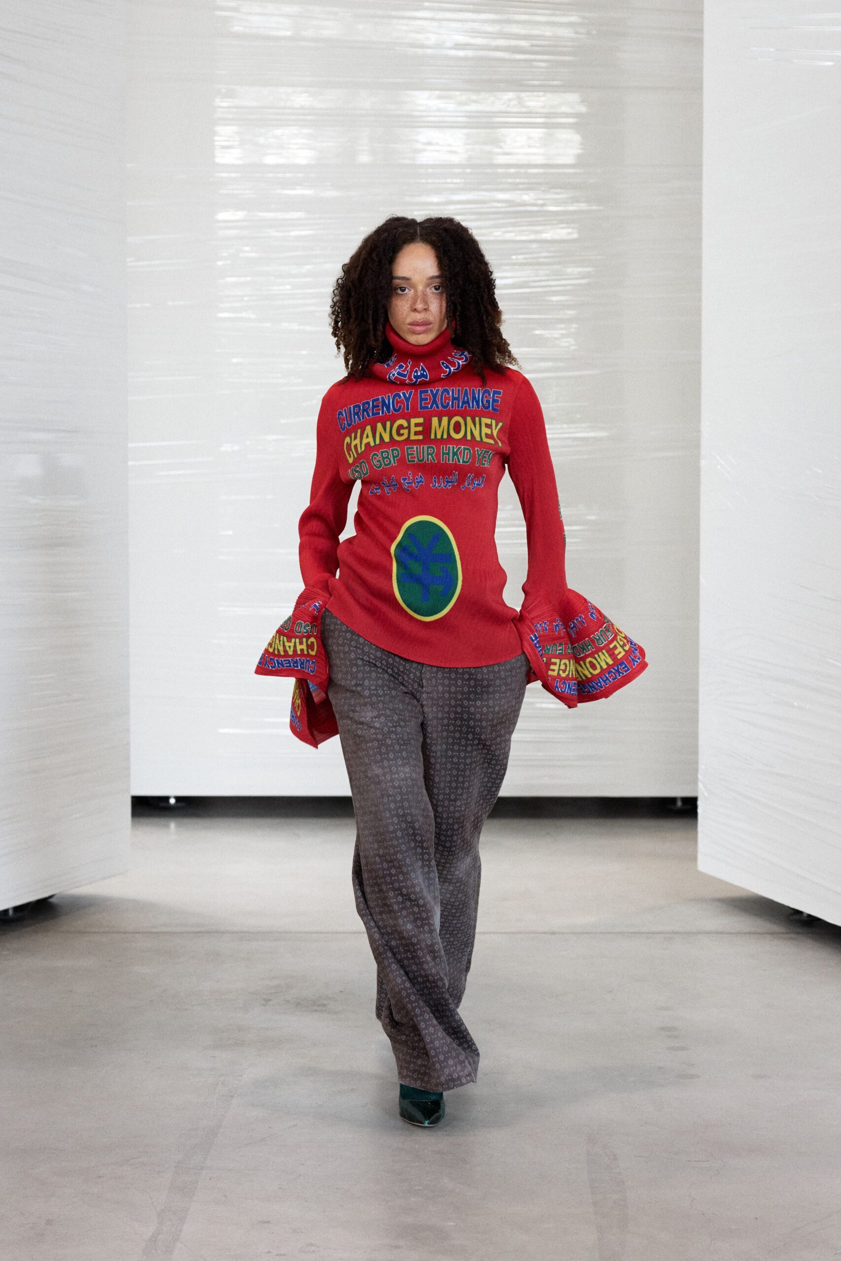 red cotton long-sleeve high-neck fitted printed top