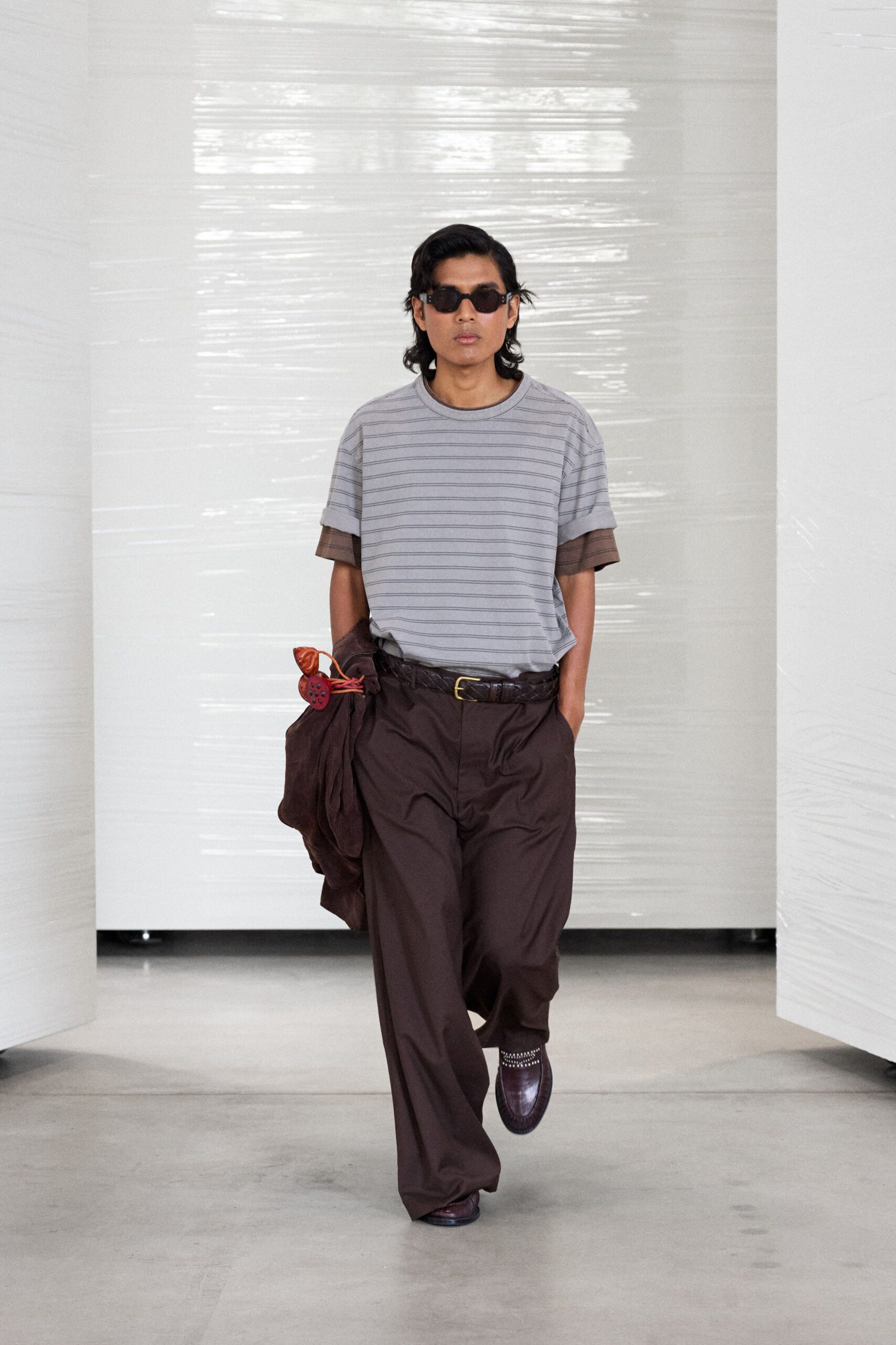 gray cotton short-sleeve collared relaxed striped t-shirt
