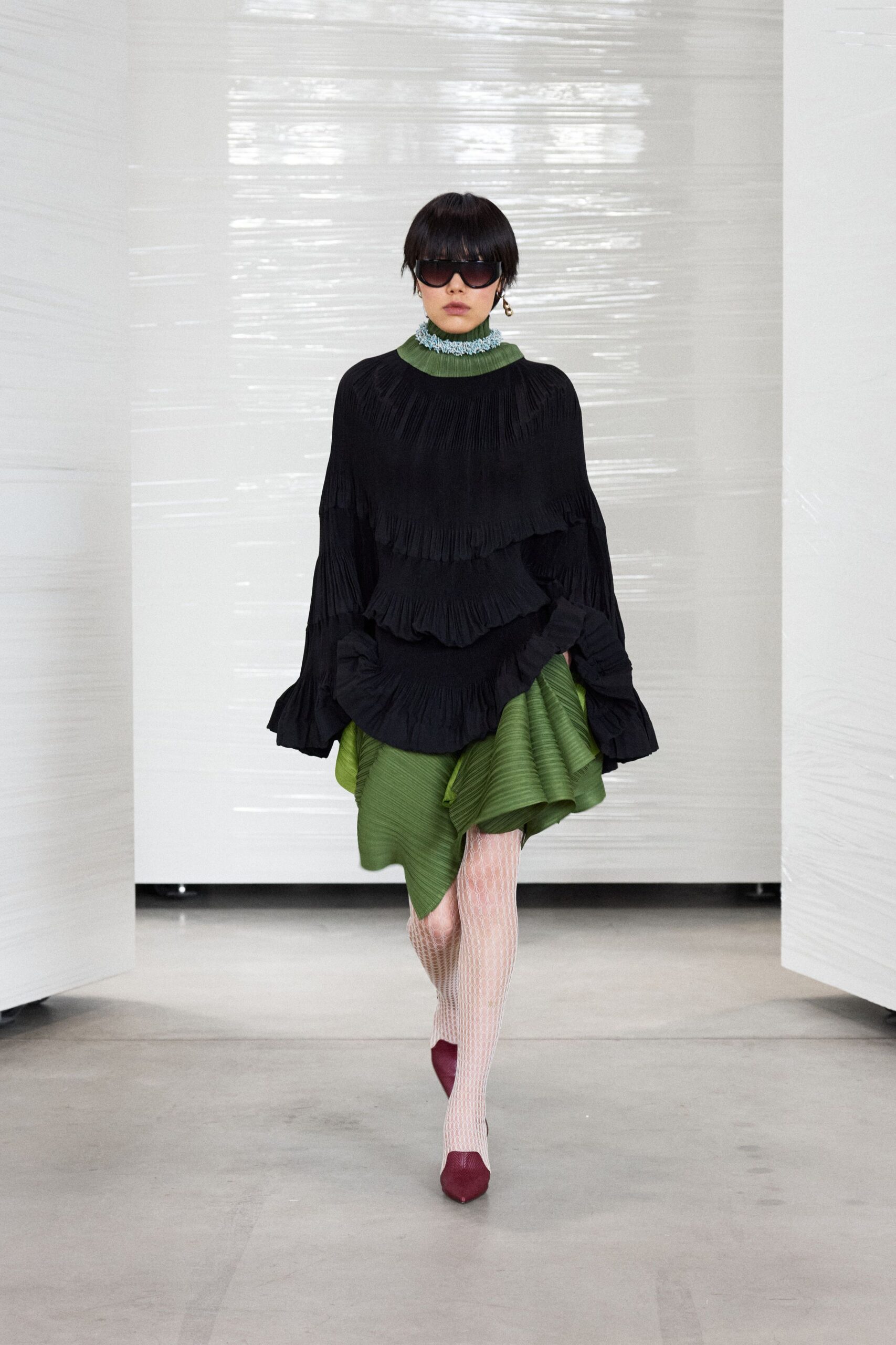 black silk long-sleeve high-neck fitted pleated layered dress