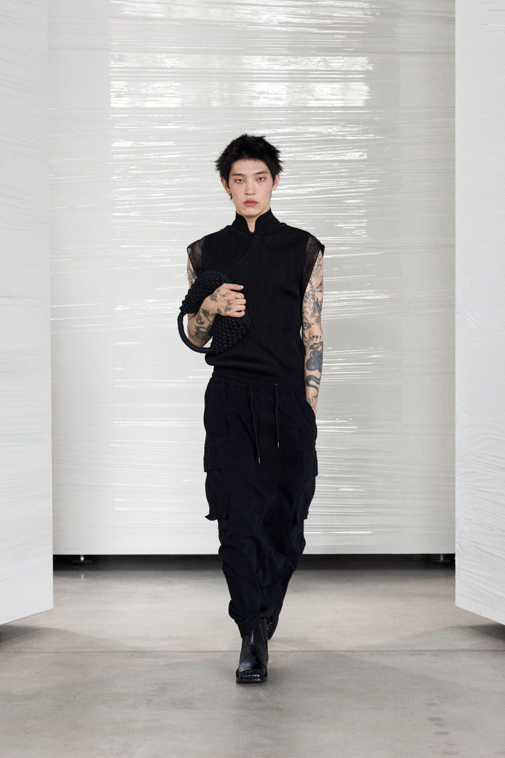 black cotton sleeveless high-neck fitted ribbed top