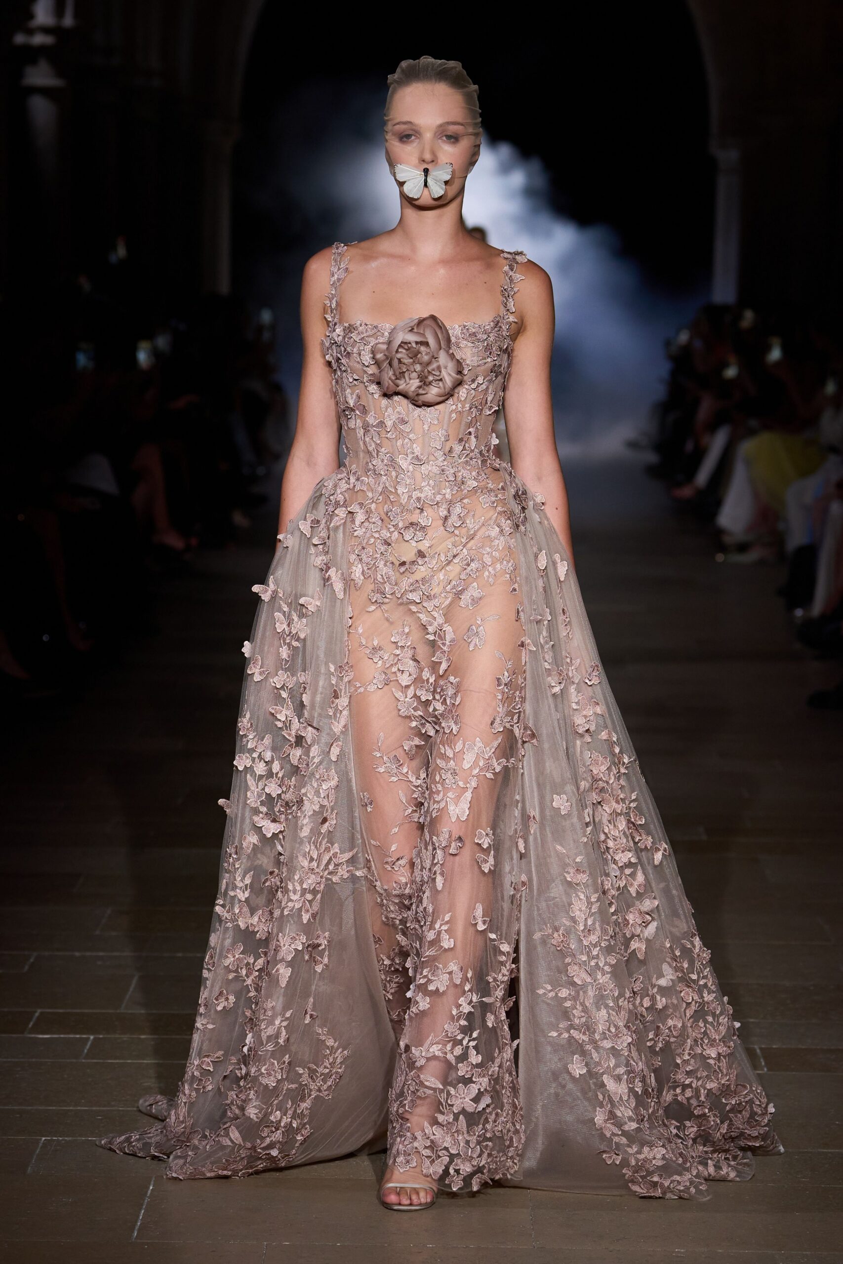 beige silk sleeveless v-neck fitted embroidered layered gown