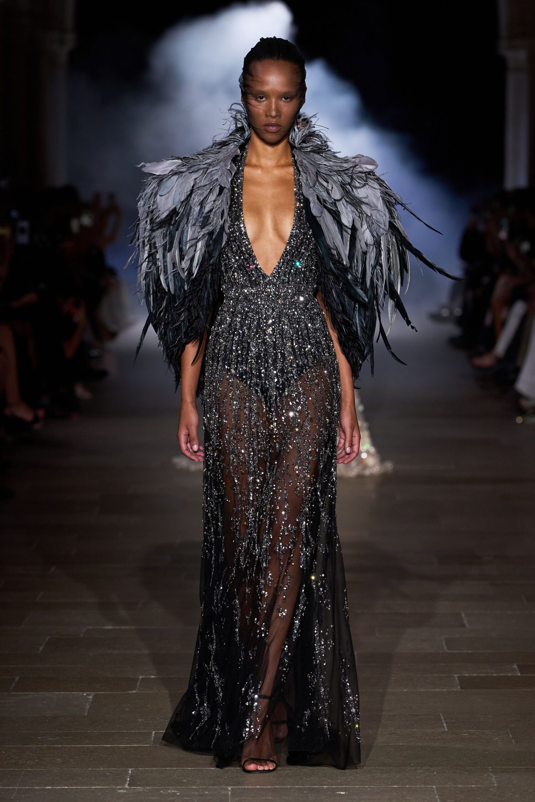 black silk sleeveless v-neck fitted sequined embellished gown