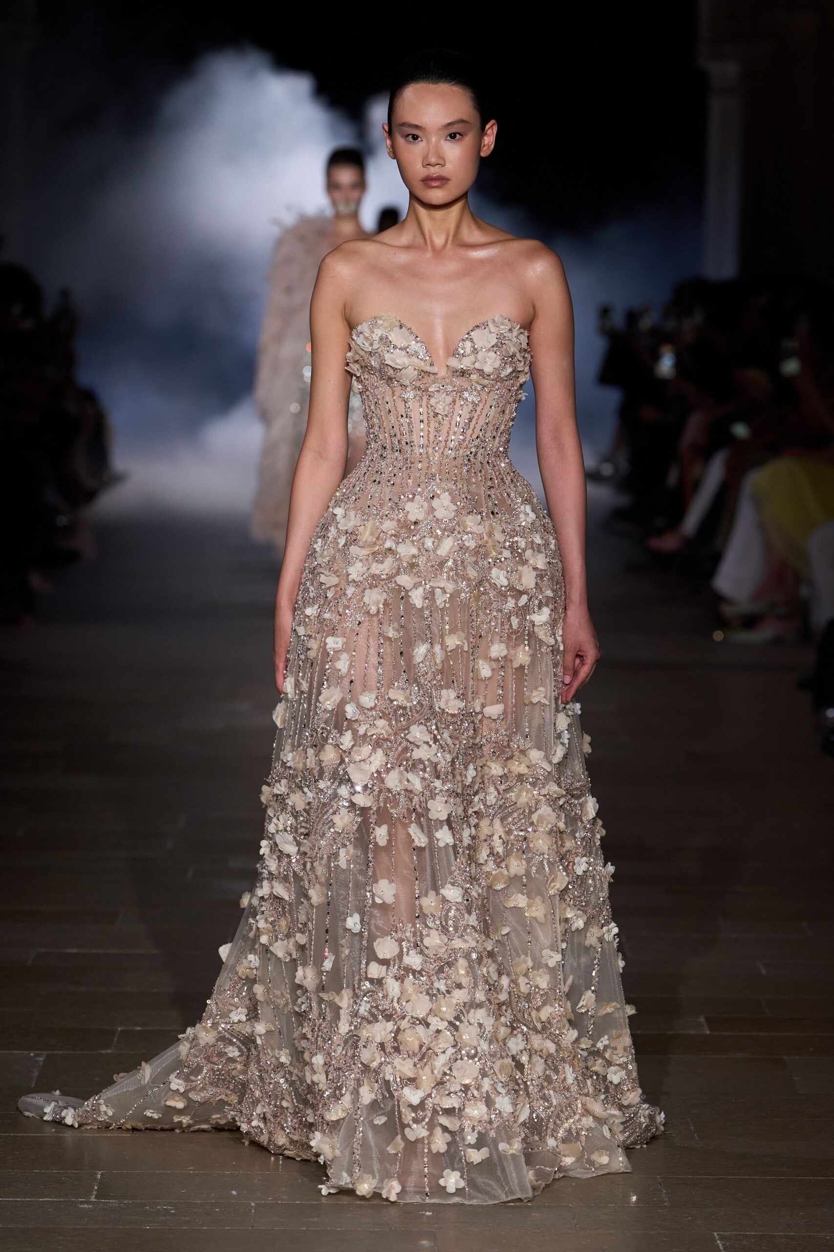 beige embroidered strapless gown