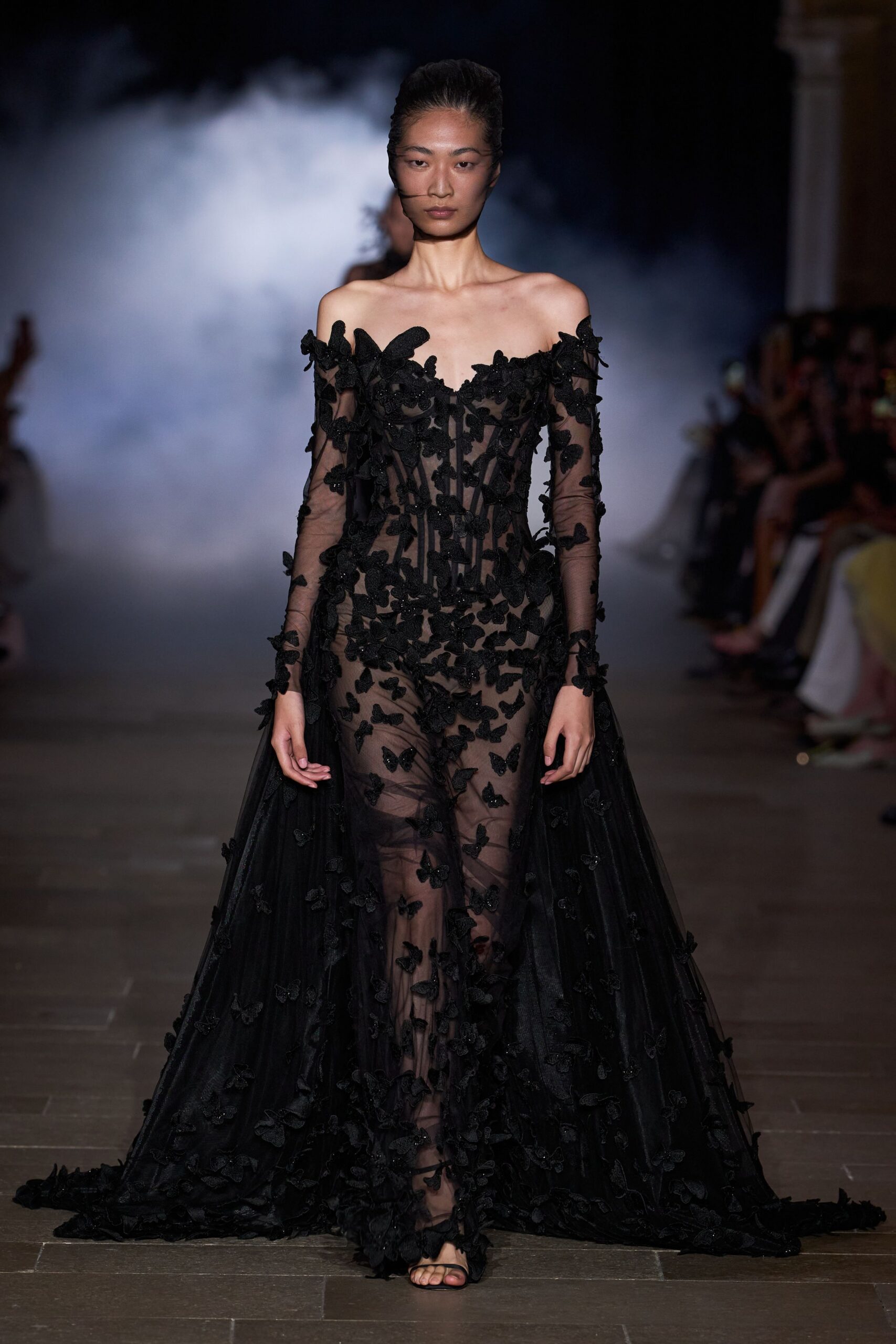 black embroidered off-shoulder gown