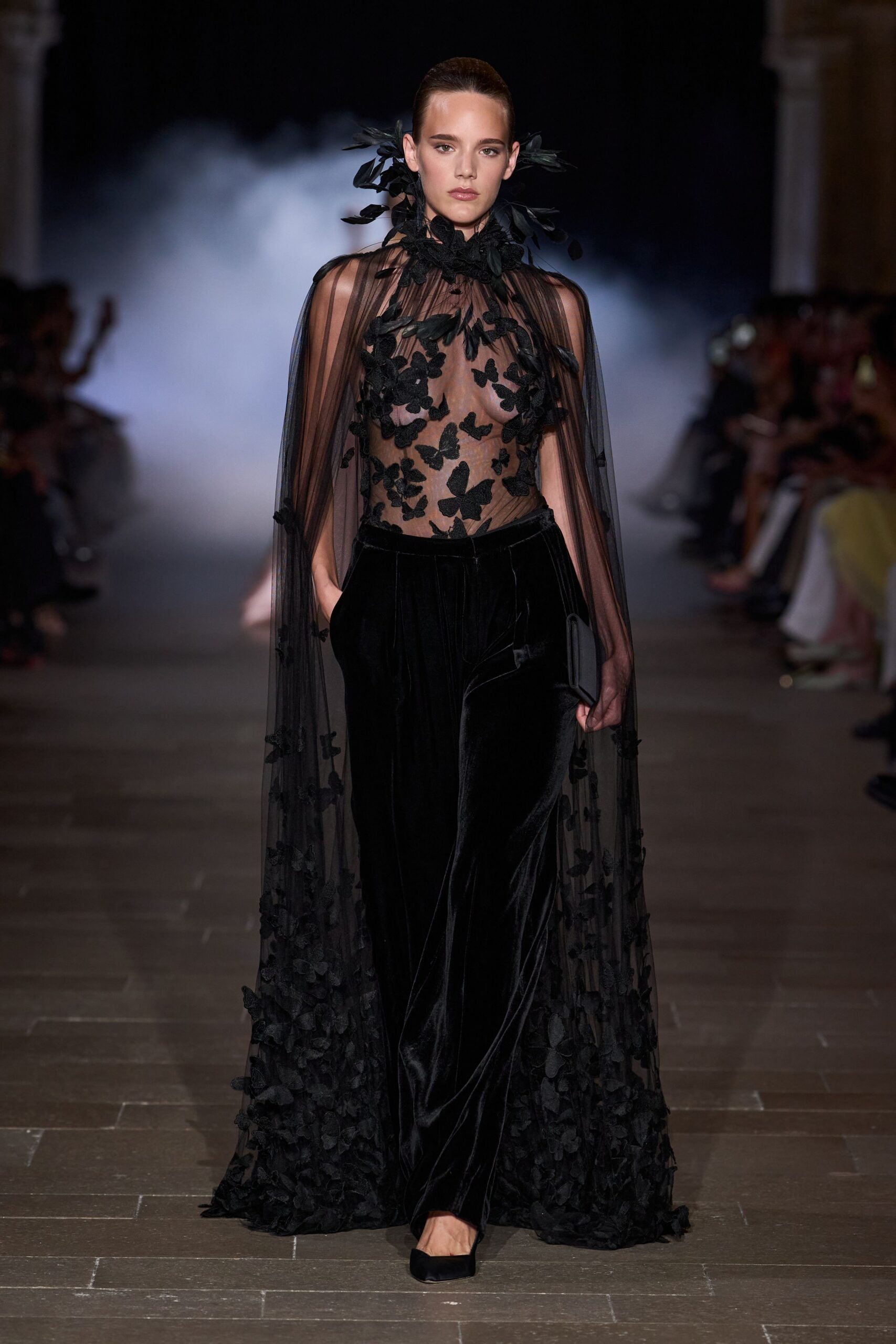 black silk sleeveless high-neck fitted embroidered sheer top