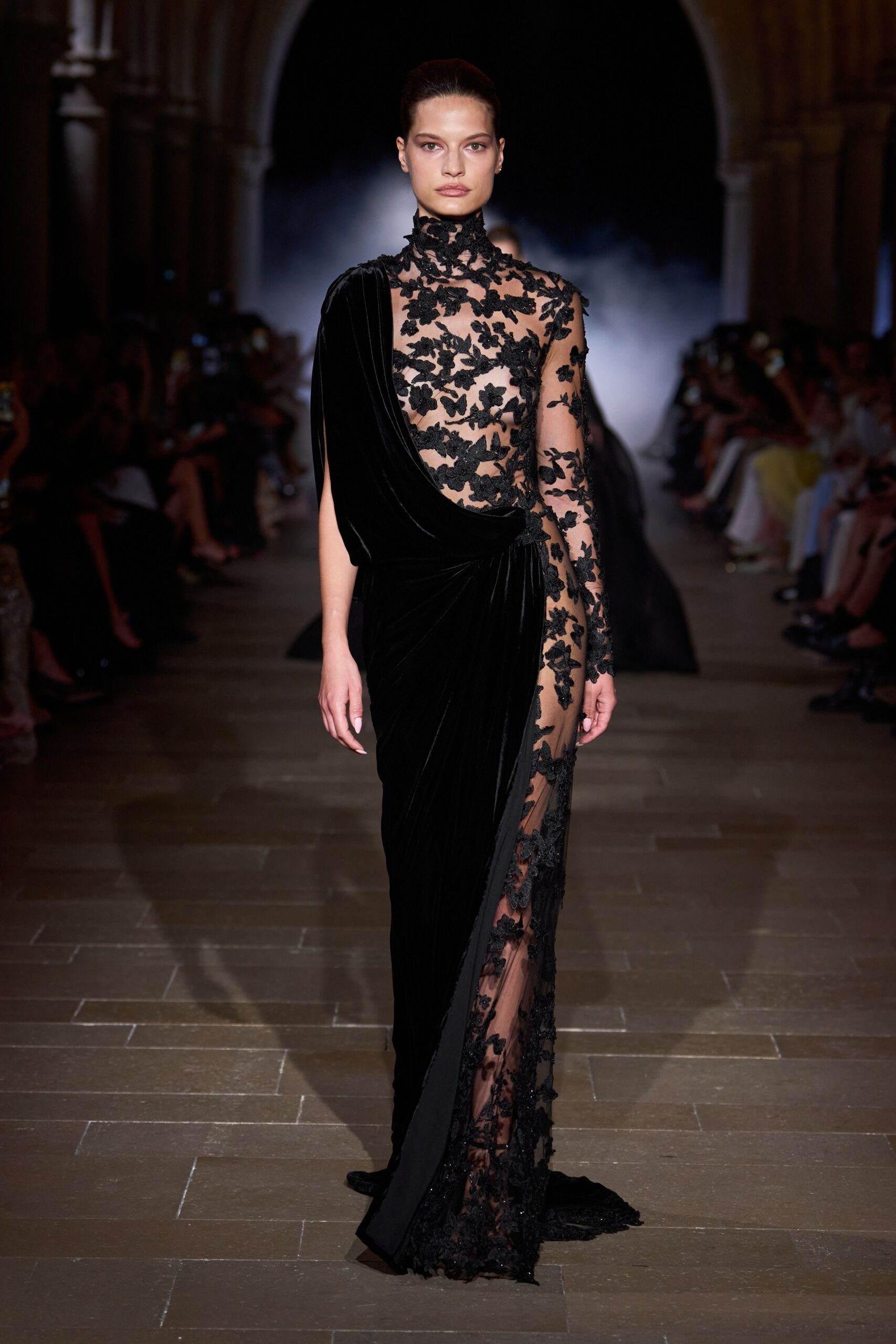 black velvet embroidered gown
