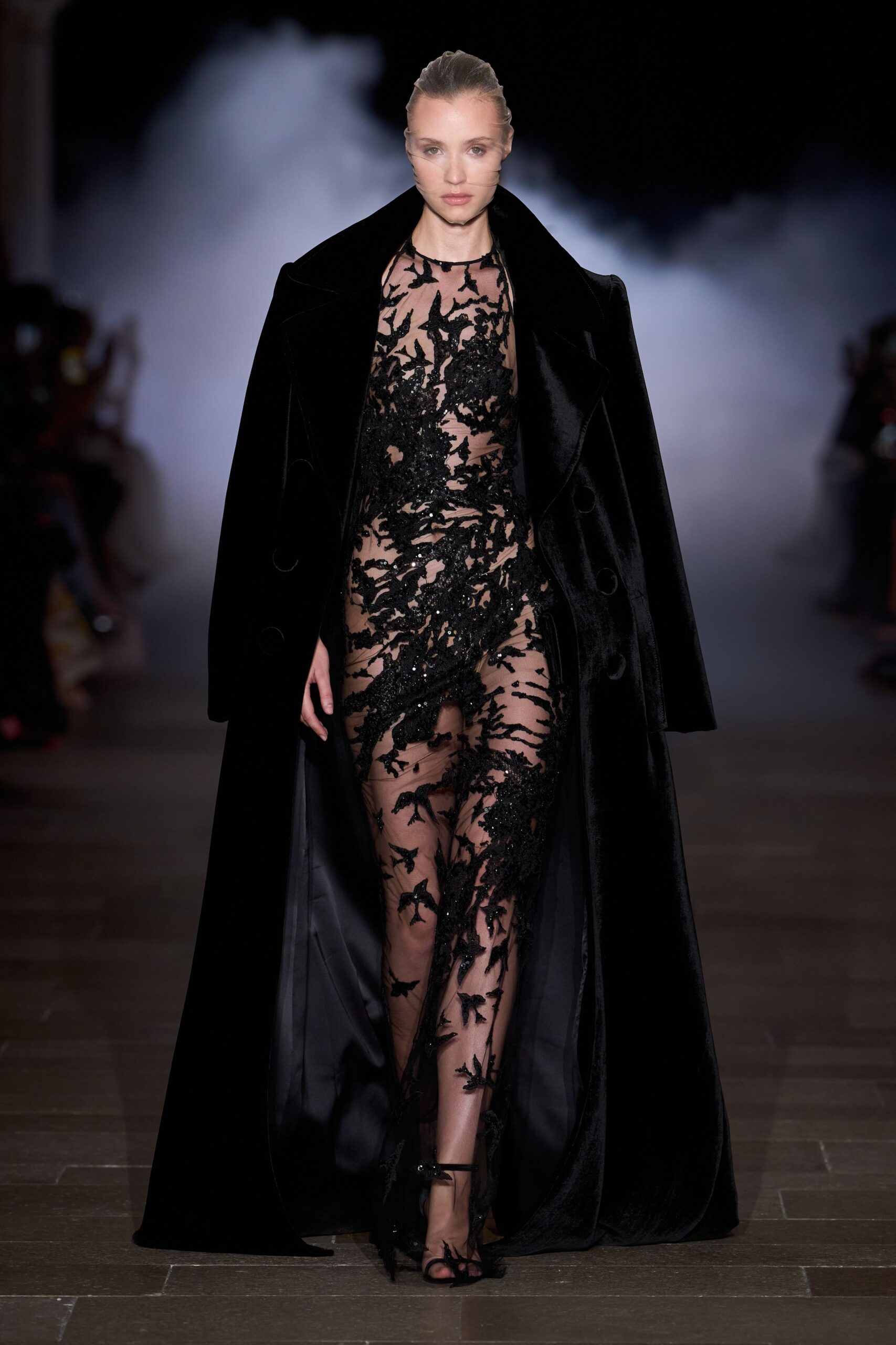 black velvet long-sleeve oversized buttoned coat