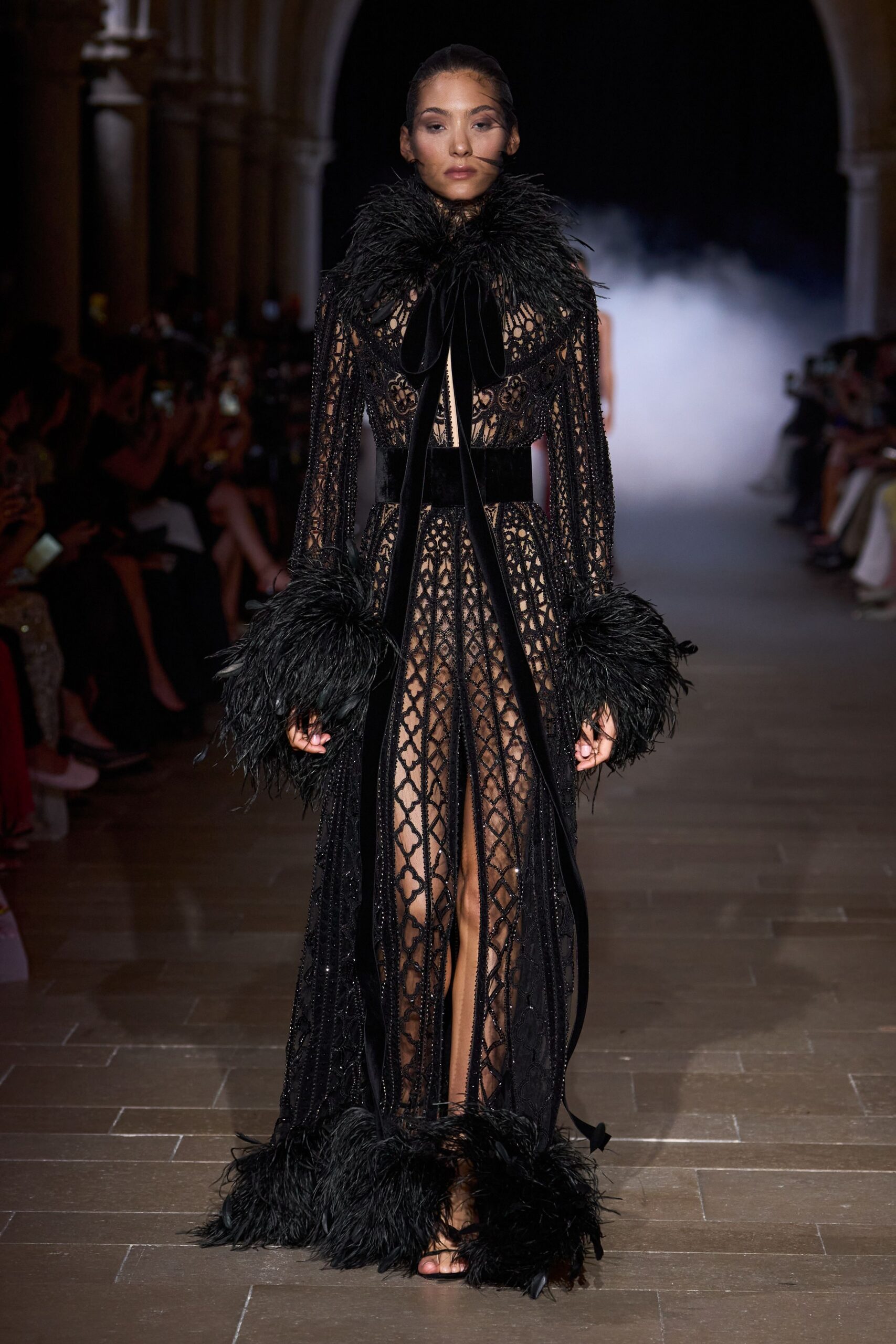 black lace feather gown