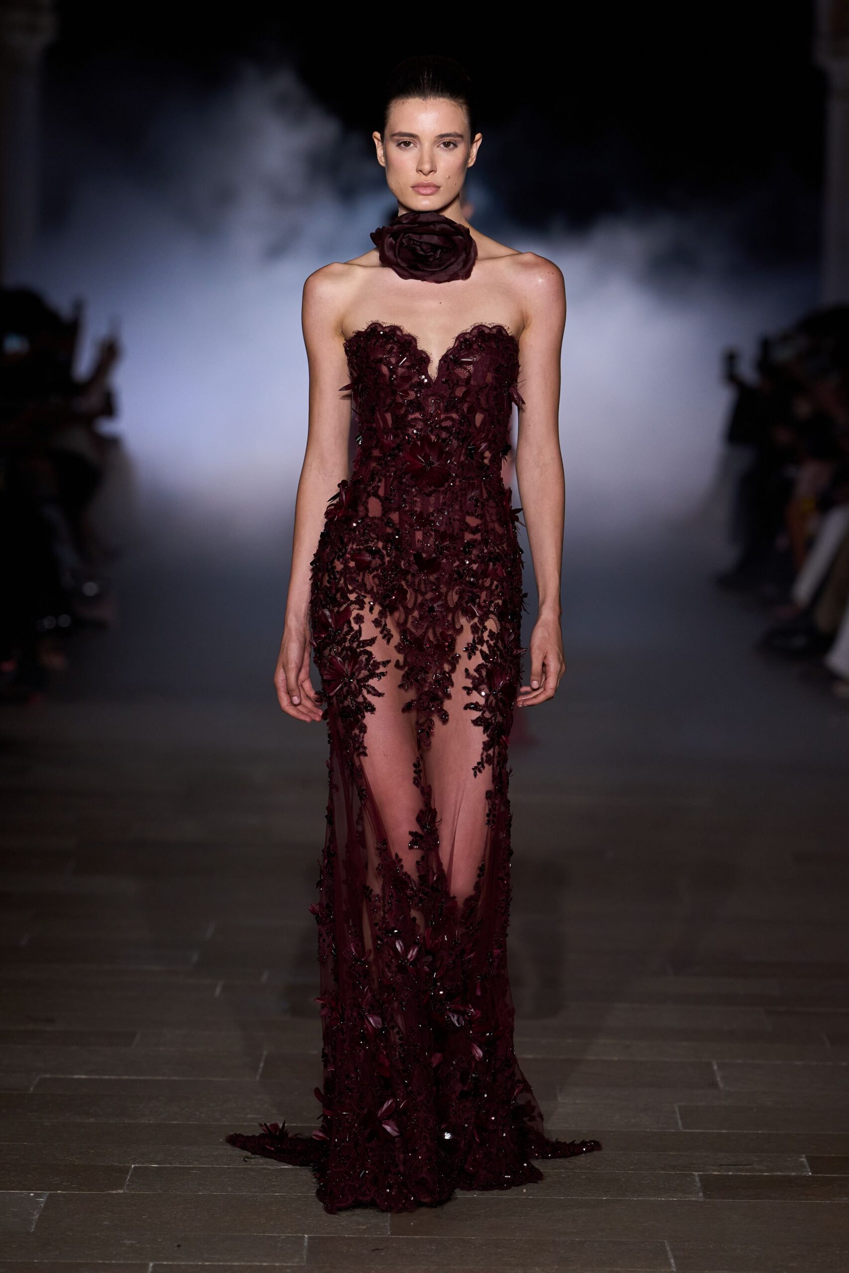 maroon embroidered strapless gown