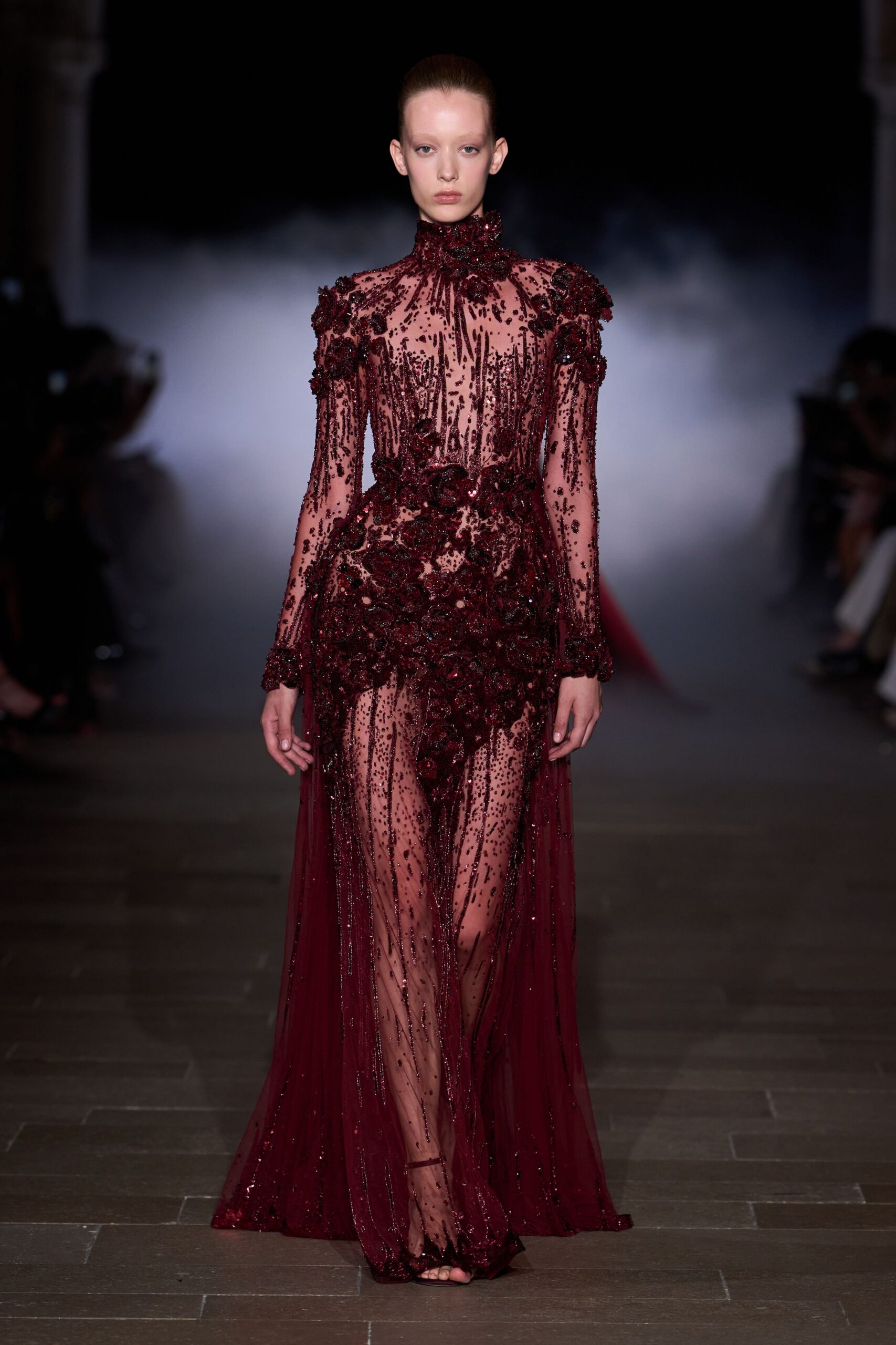red embellished sheer gown