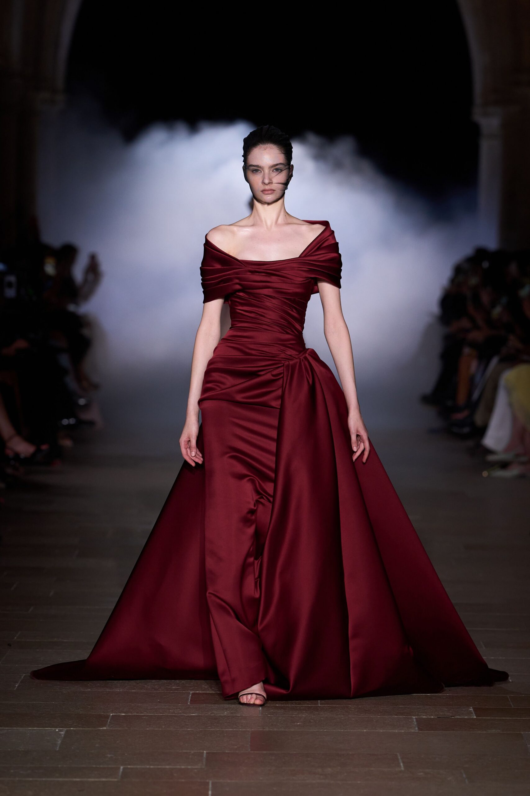 red silk off-shoulder gown