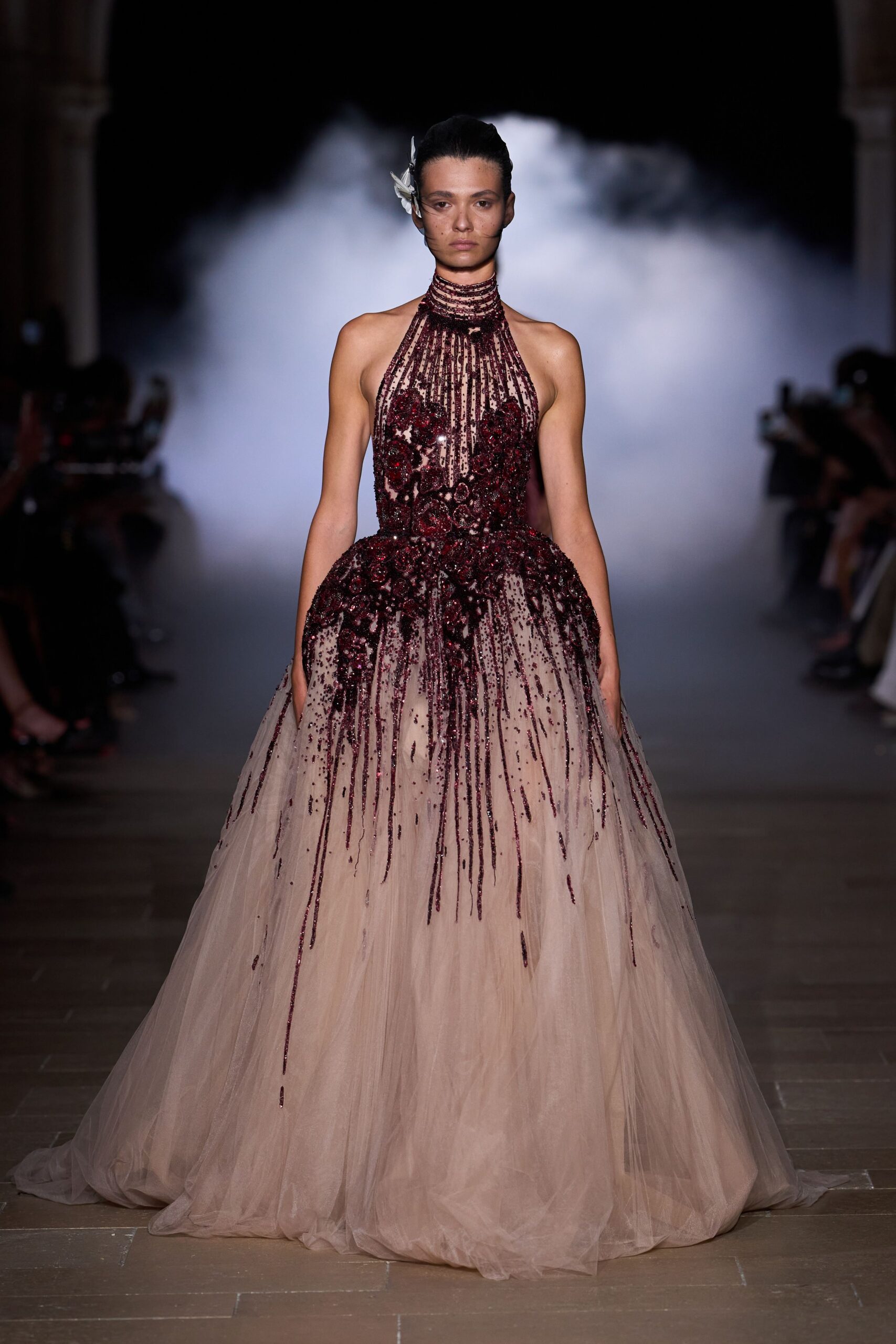 burgundy embellished tulle gown