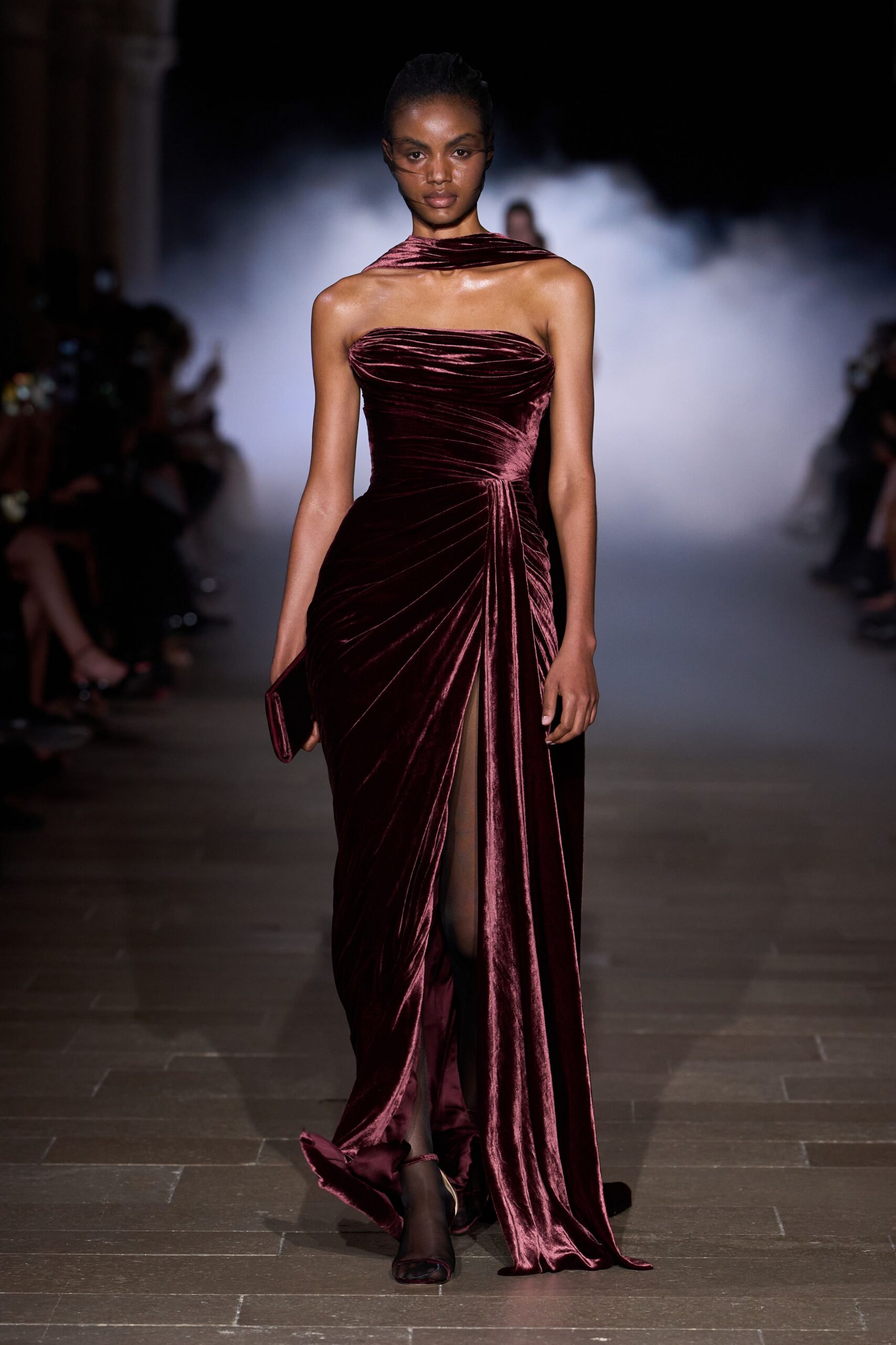 maroon velvet strapless high-neck fitted ruched flowing gown