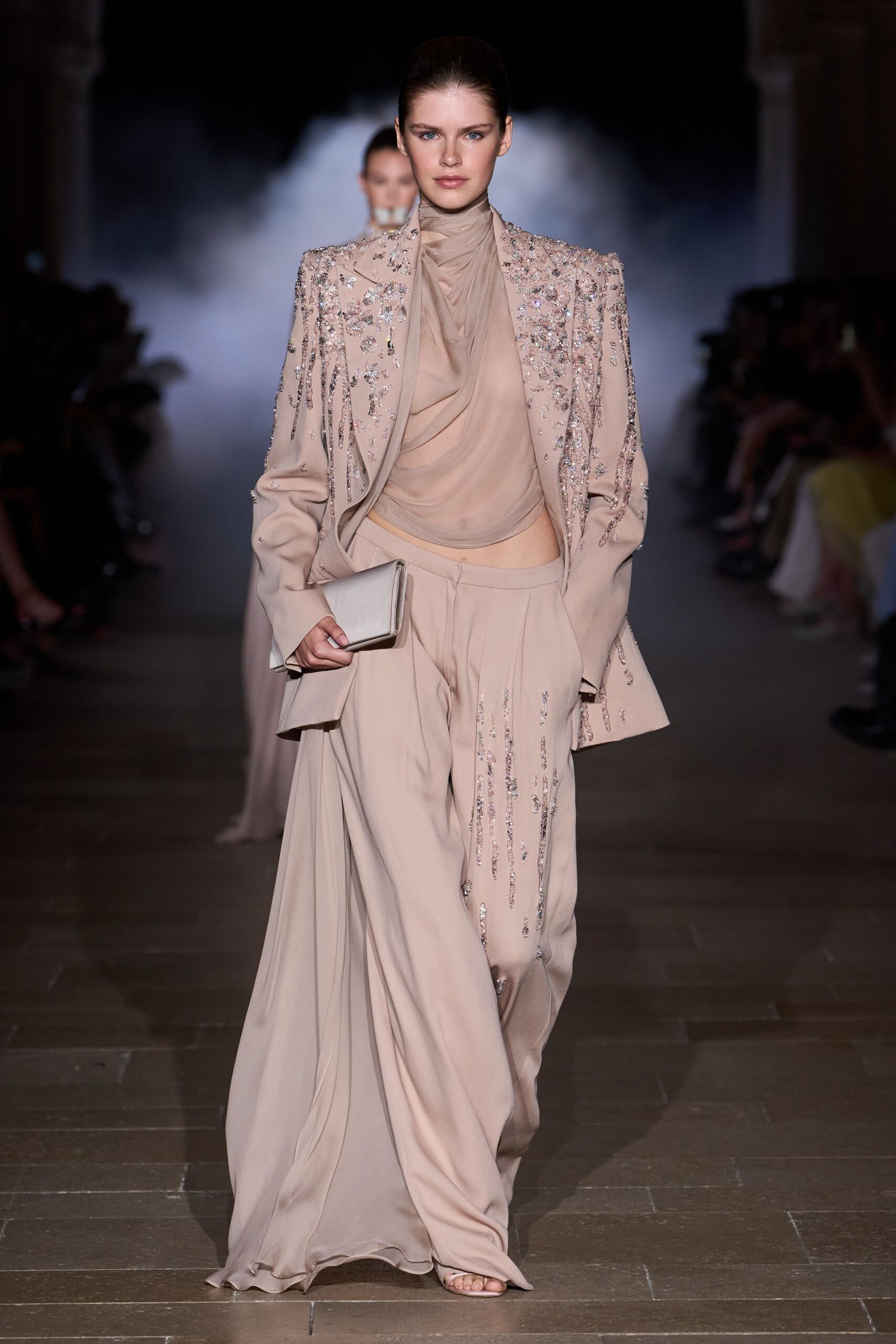 beige silk long-sleeve collared tailored embroidered blazer