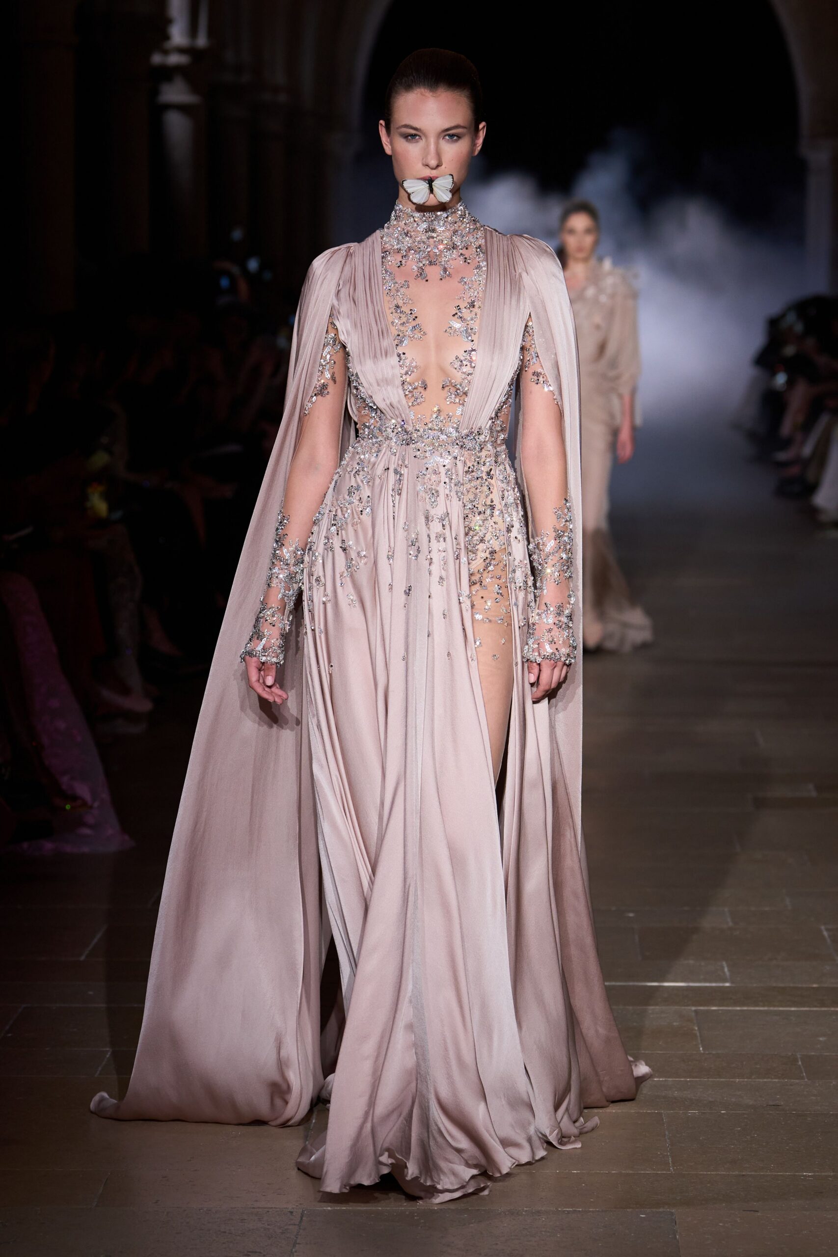beige silk embellished gown