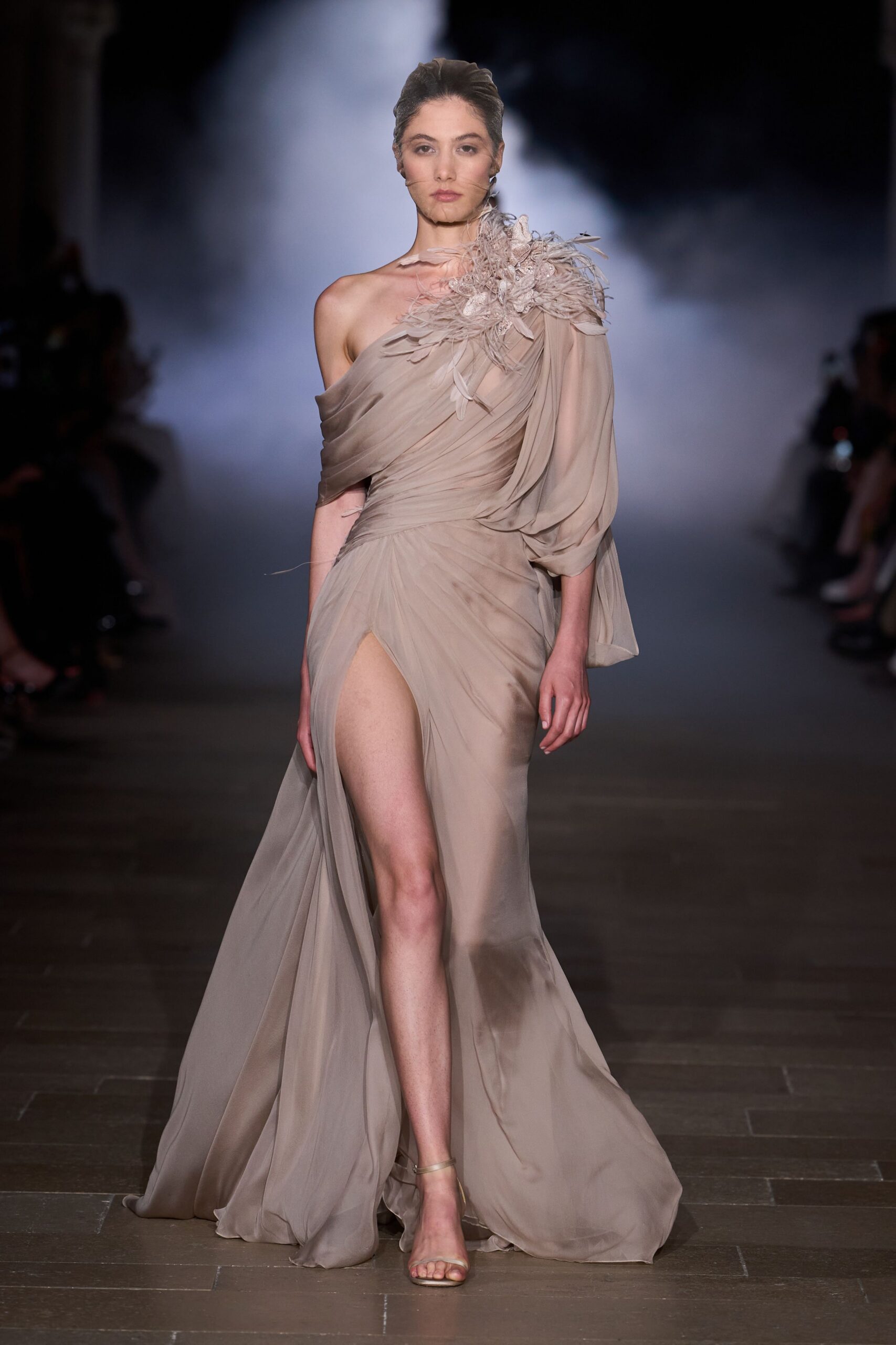 beige silk off-shoulder long-sleeve fitted ruched flowing gown