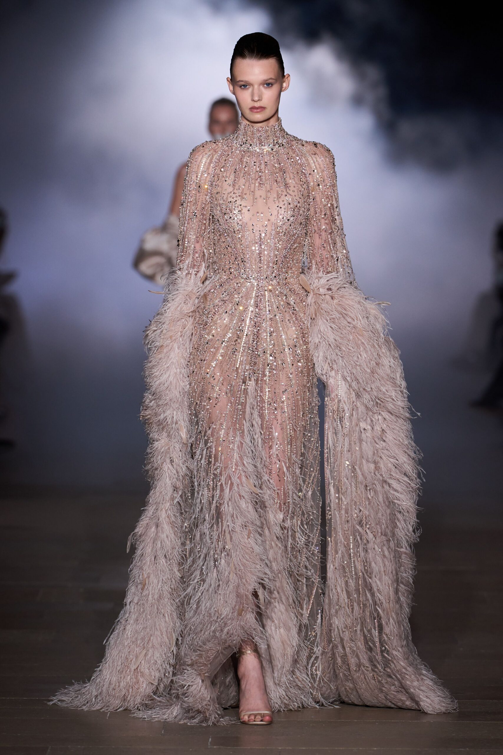 beige silk long-sleeve high-neck fitted embellished fringed gown