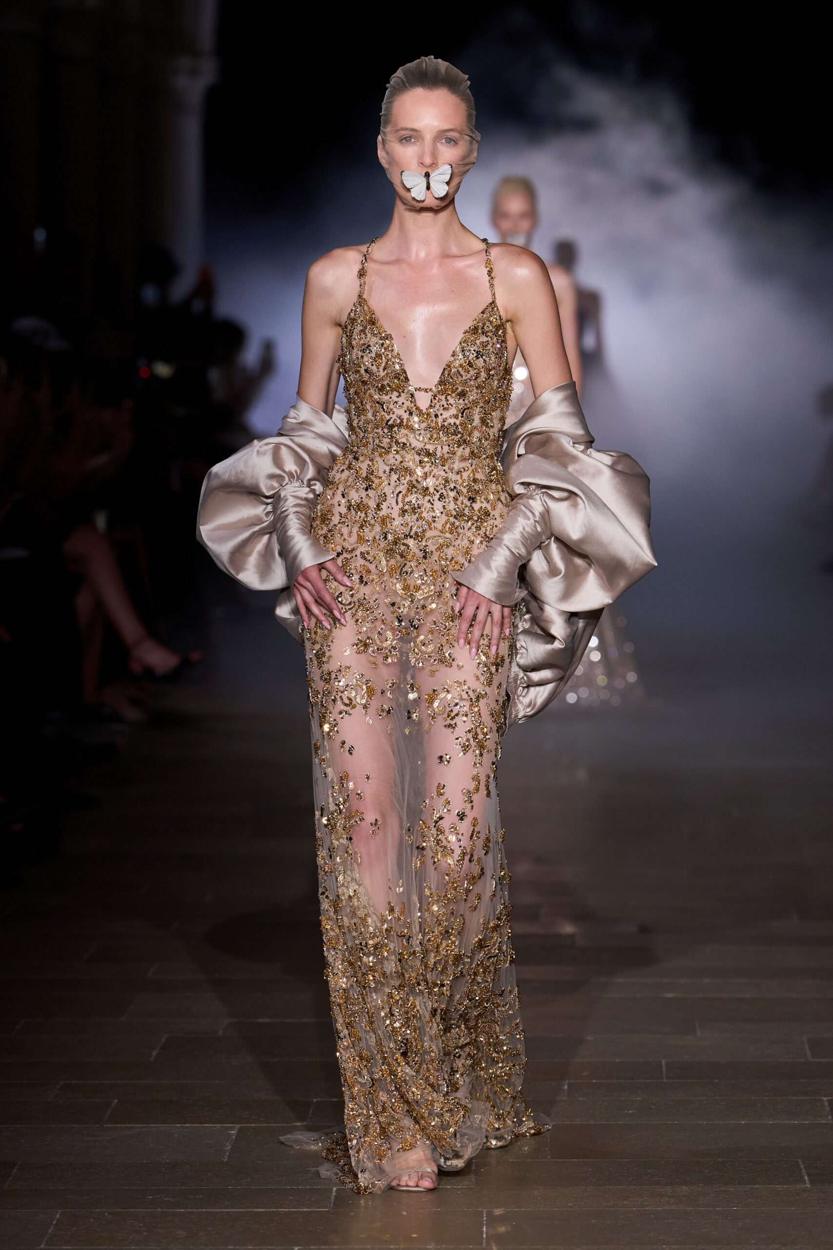 gold silk sleeveless v-neck fitted embroidered gown