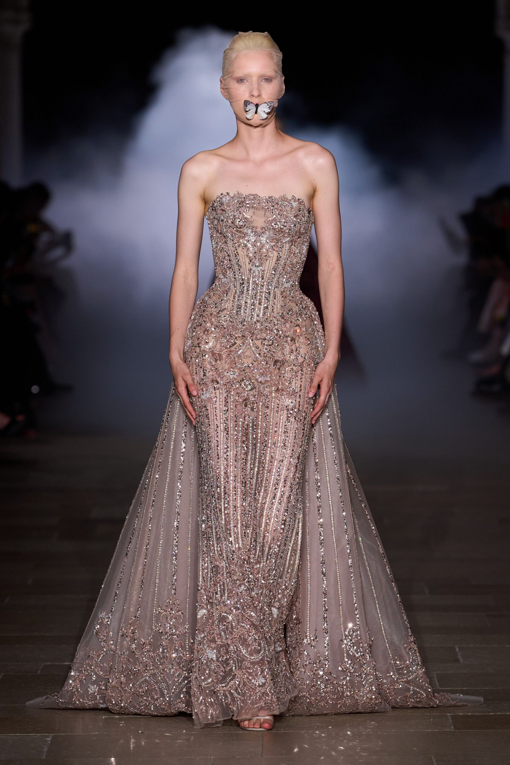 beige embroidered strapless gown