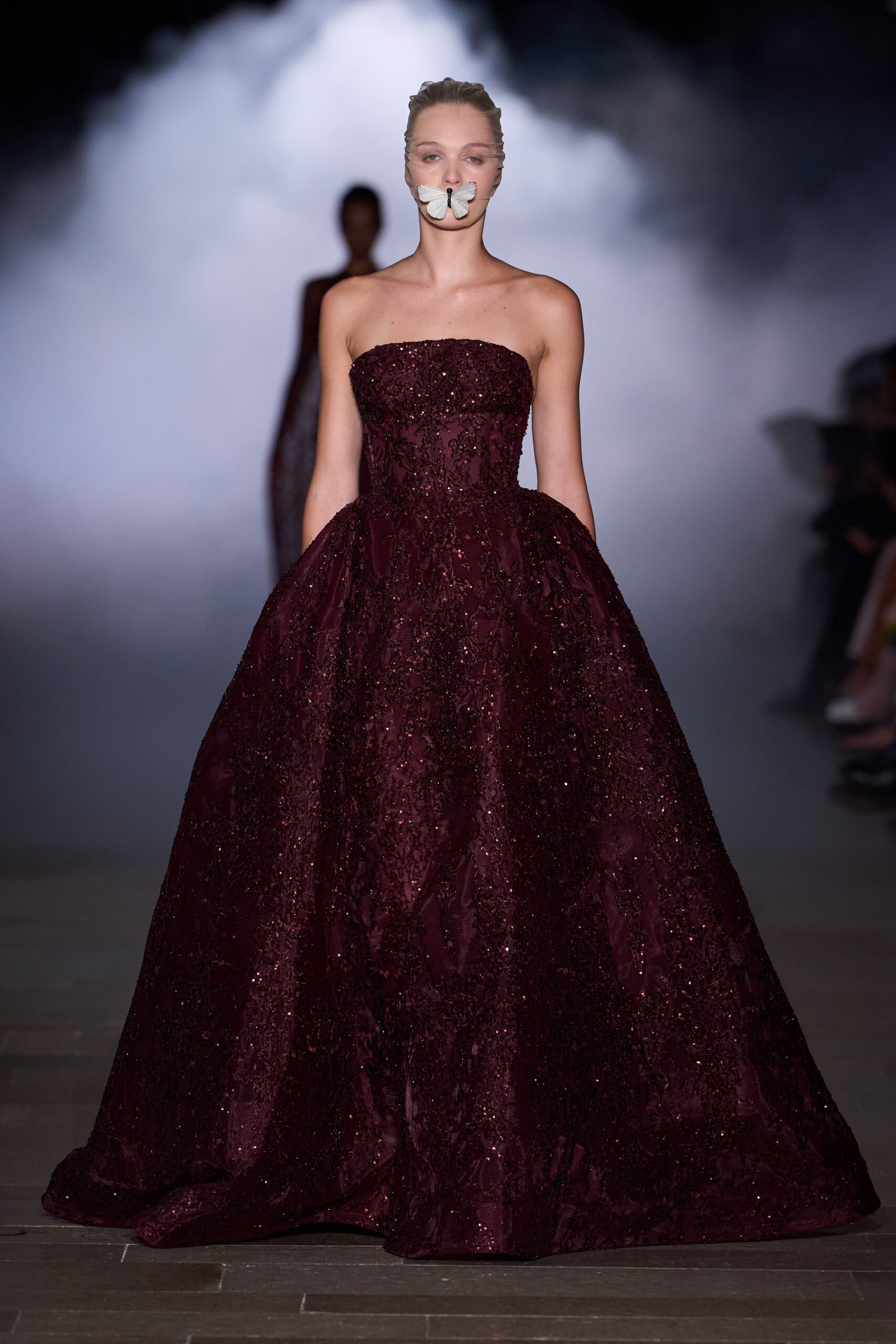 maroon embellished strapless gown
